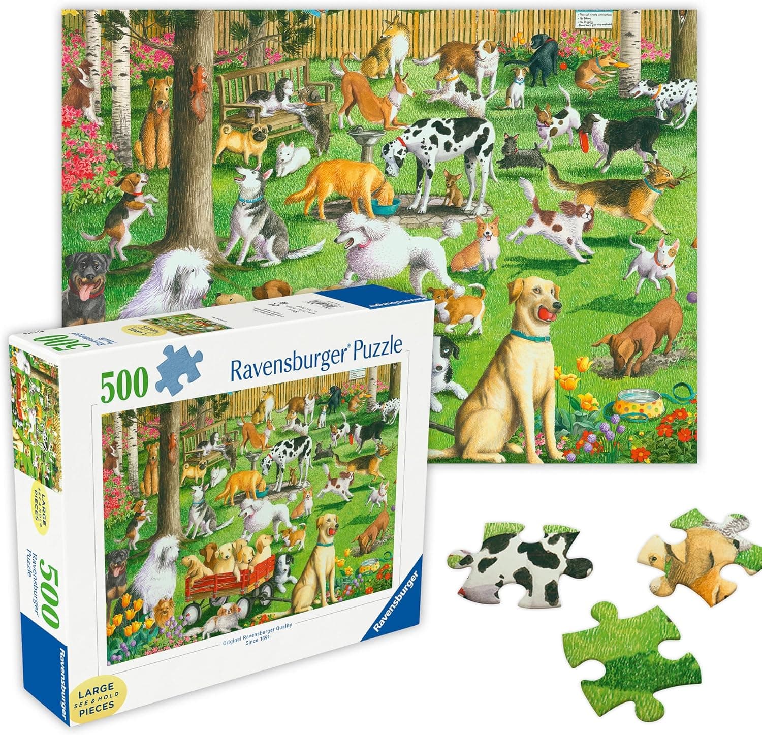 Ravensburger - at The Dog Park - Rompecabezas de gran formato de 500 piezas - Perros de todas las razas retozan, excavan, persiguen y juegan - Calidad premium - Regalo para la noche de juegos en familia - Rompecabezas para adultos