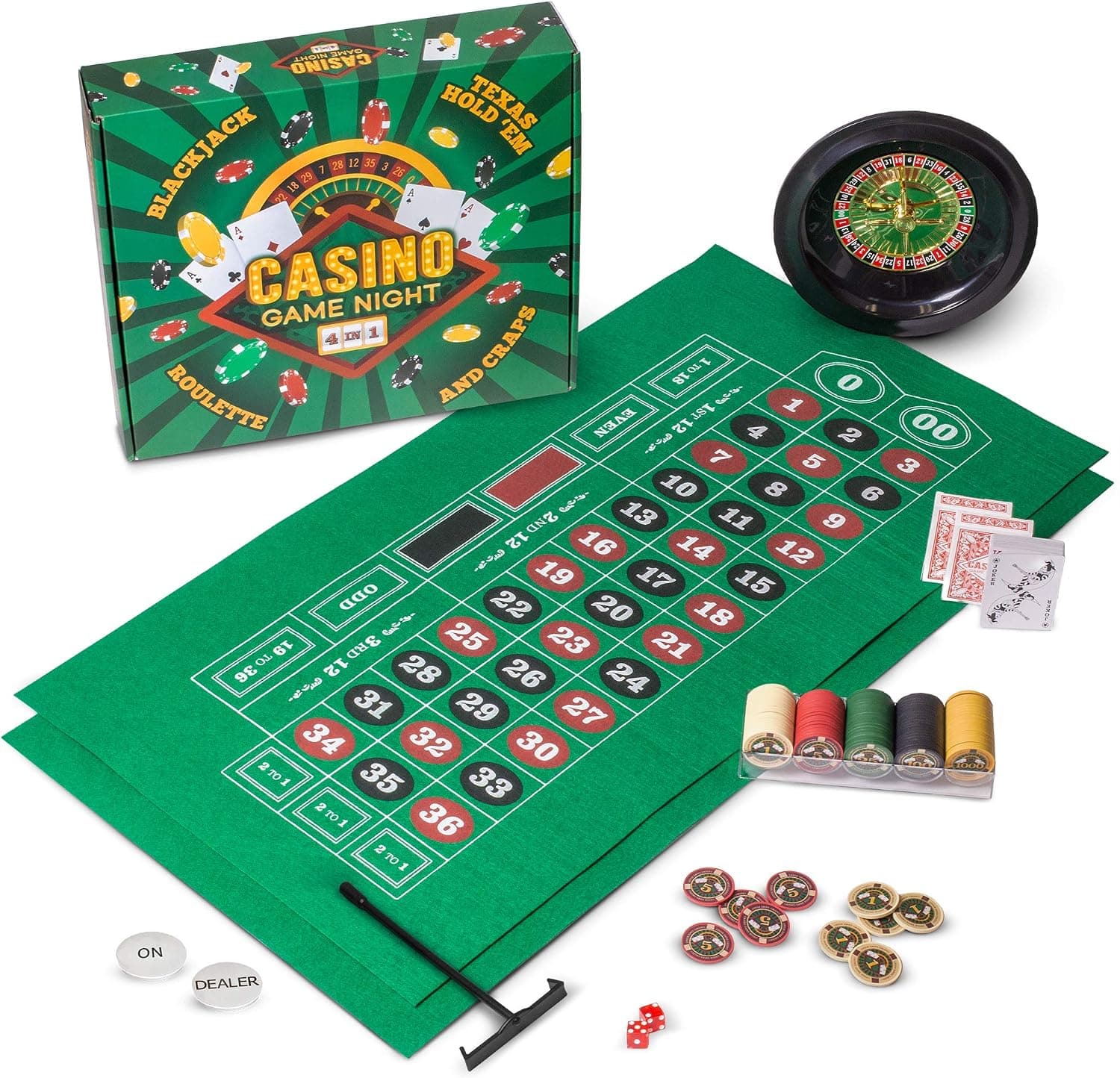 Brybelly Casino Night Juego completo 4 en 1 con fieltros, rueda, 100 fichas, dados y cartas para blackjack, dados, ruleta y Texas Hold'em - Tapete de juego de mesa de casino de doble cara de fieltro verde