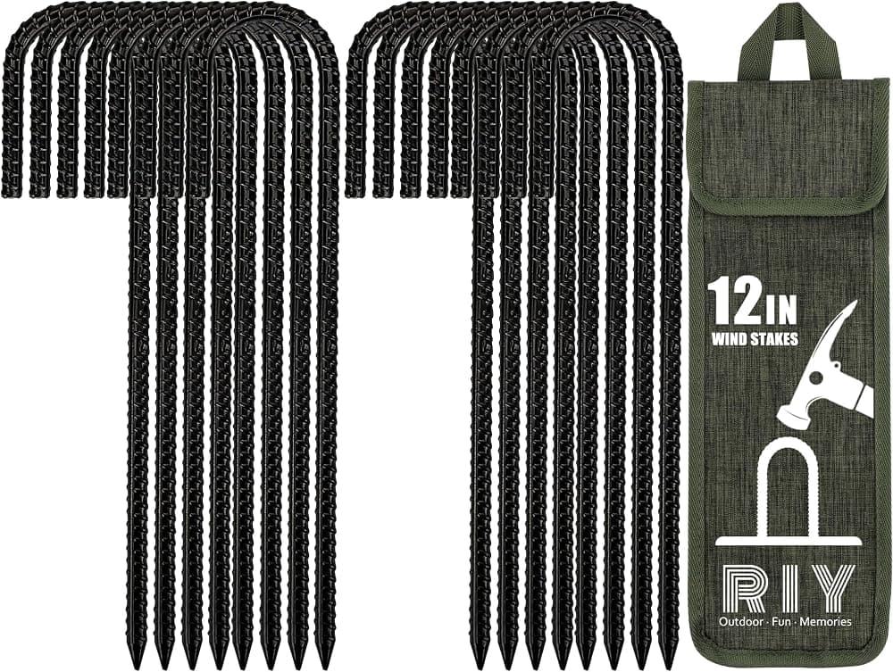 Estacas para tienda de campaña, anclajes de suelo para vientos fuertes, estacas de barras de refuerzo de acero galvanizado de 12 pulgadas para tienda de campaña, cerca para perros, trampolín, decoraciones de jardín, en forma de J, paquete de 8, color negro