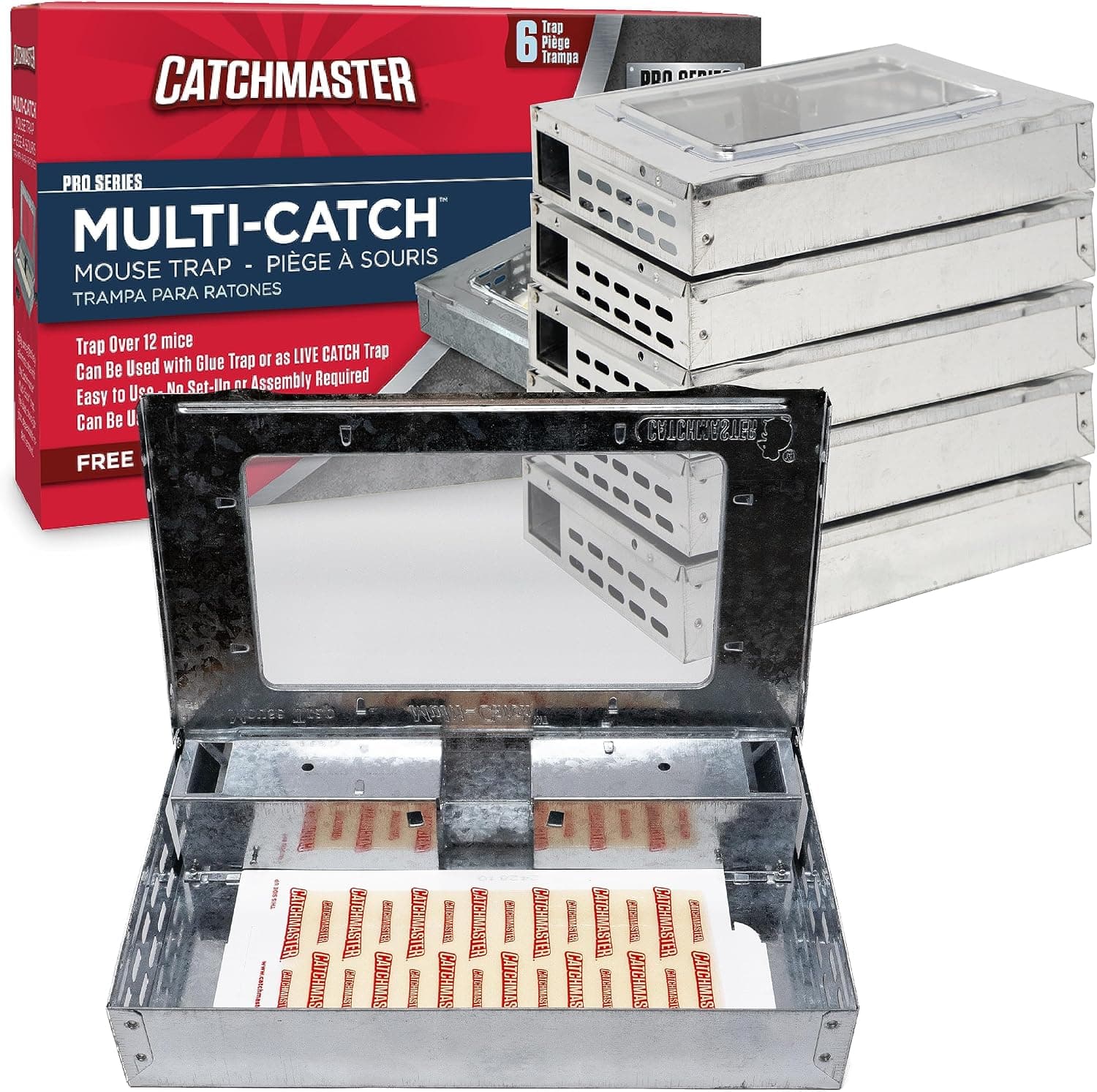Catchmaster Trampa para ratones multicaptura, paquete de 6, trampas para ratones humanas para interiores para el hogar, incluye tablero de pegamento reemplazable, control de plagas de captura viva para garaje y cobertizo