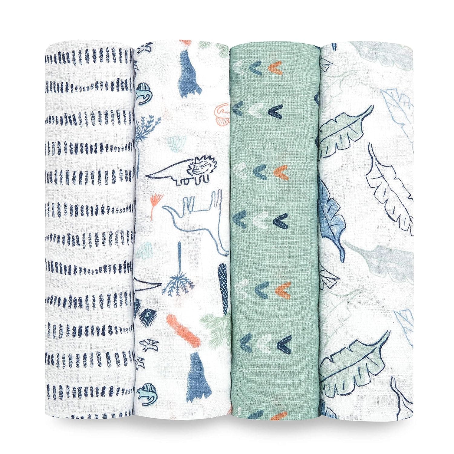 Manta envolvente Essentials de aden + anais, mantas de muselina para niñas y niños, mantas para recibir bebés, regalos para recién nacidos, artículos para ducha infantil, juego de pañales portátiles, paquete de 4, Dinotime