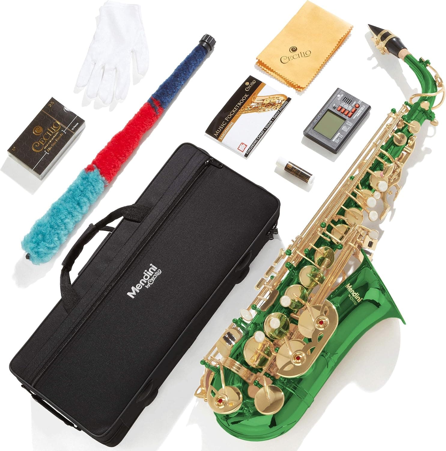 Kit de saxofón alto Mendini By Cecilio Eb para principiantes - Verde dorado | Set de saxofón alto con afinador, boquilla, estuche, 10 cañas, grasa, paño, varilla, guantes, correa y libro