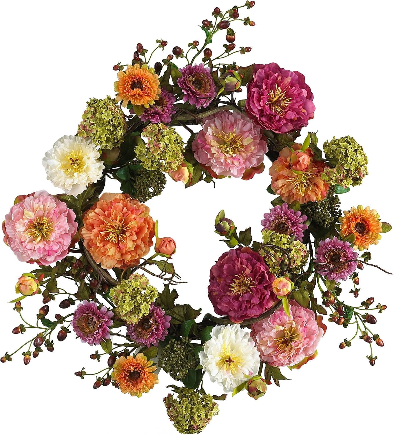 Corona de peonías artificiales casi natural de 24 pulgadas para decoración de puerta de entrada | Corona de primavera floral falsa, decoración de pared interior, pieza central de mesa de comedor