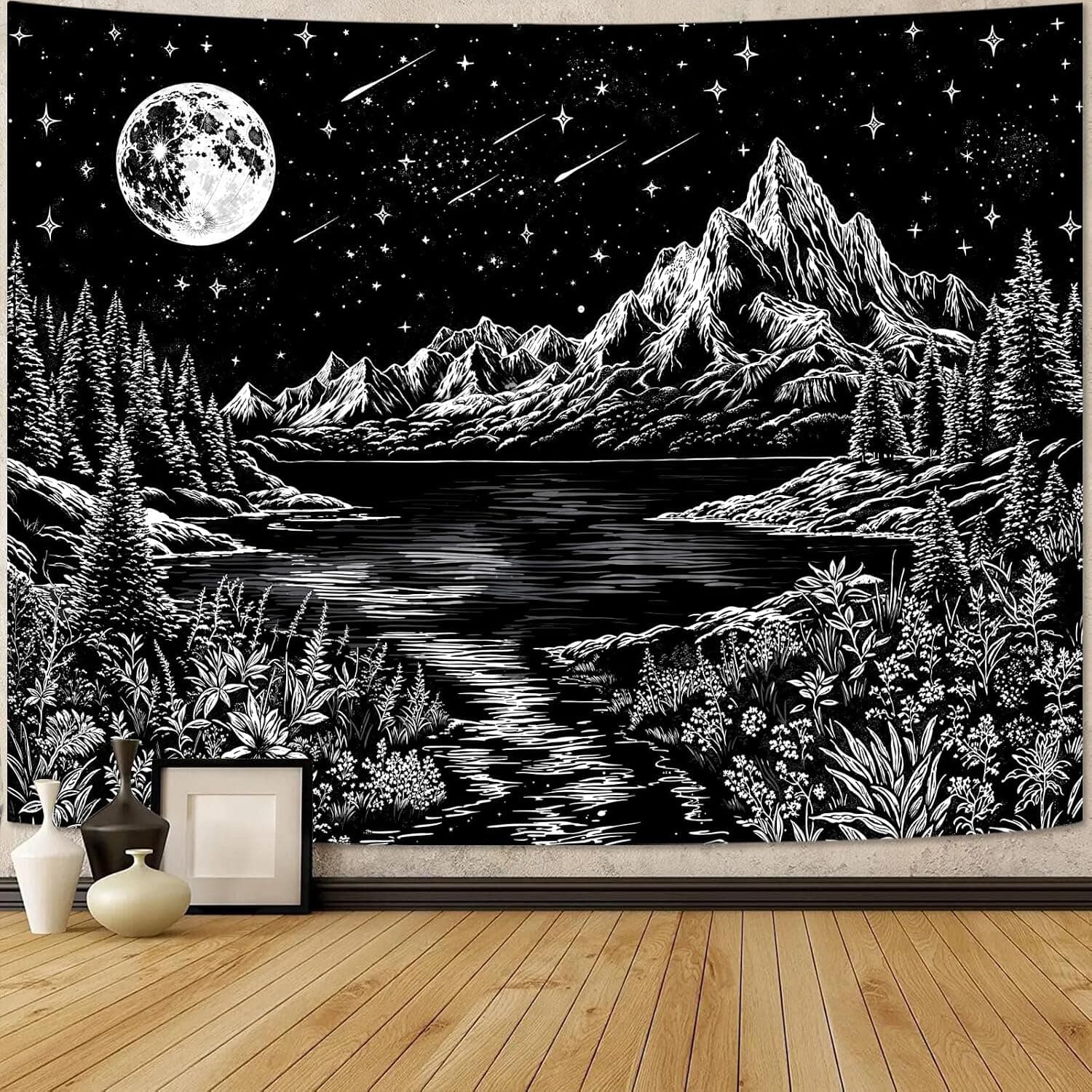 Zussun Tapiz de bosque de montaña en blanco y negro para dormitorio, estético, naturaleza oscura, lago, paisaje, tapices para colgar en la pared, luna y estrellas, tapiz de pared para sala de estar, dormitorio, 48 x 36 pulgadas