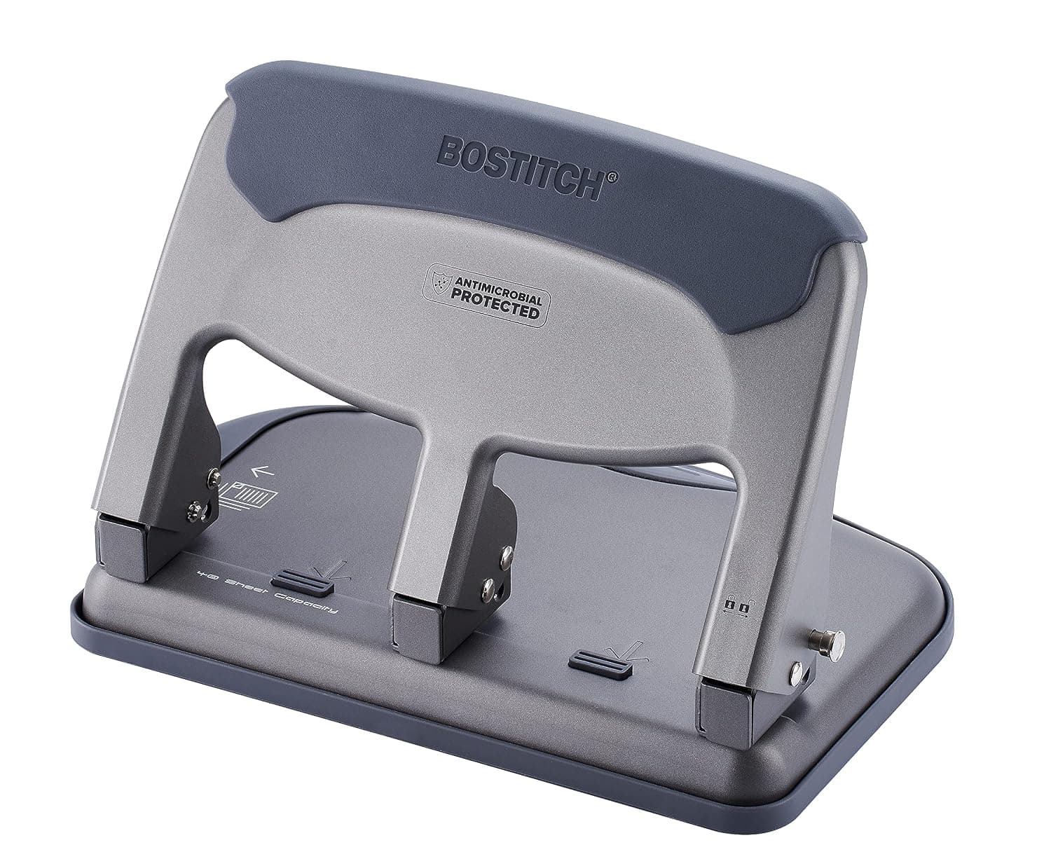 Bostitch Office EZ Squeeze Perforadora de 3 orificios resistente para el hogar, la oficina y la escuela, capacidad de 40 hojas, fuerza reducida con un solo toque, elegante diseño gris