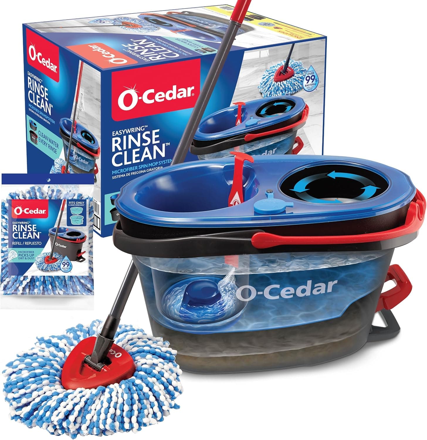 Sistema de cubo y fregona giratoria RinseClean O-Cedar + 1 cabezal de fregona adicional | Limpiar con agua limpia | Elimina el 99% de las bacterias