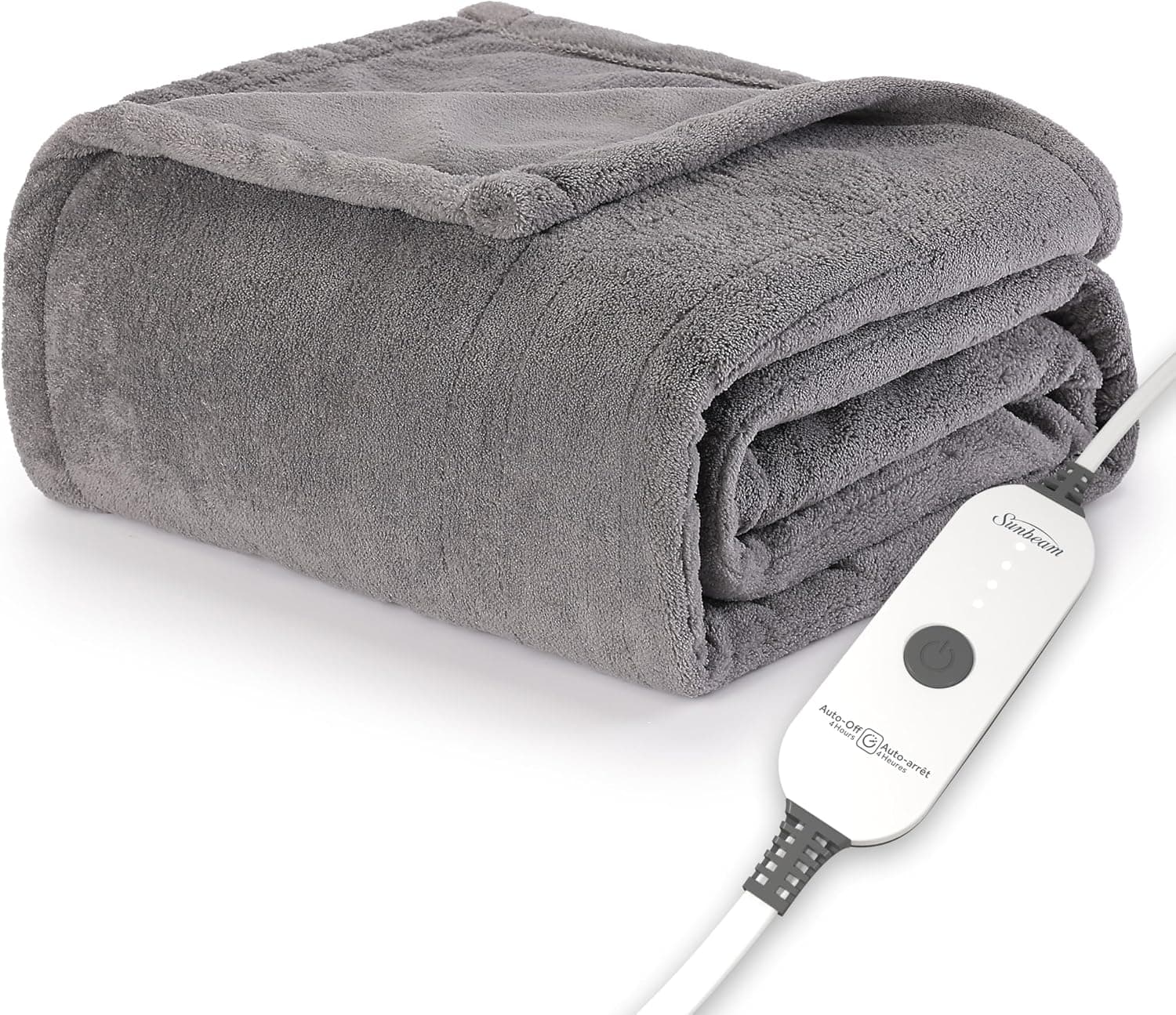 Sunbeam Manta eléctrica Royal Luxe de microfelpa con calefacción, 4 ajustes de calor, apagado automático de 4 horas, calentamiento rápido, cálido y acogedor, color gris paloma, 50" x 60"