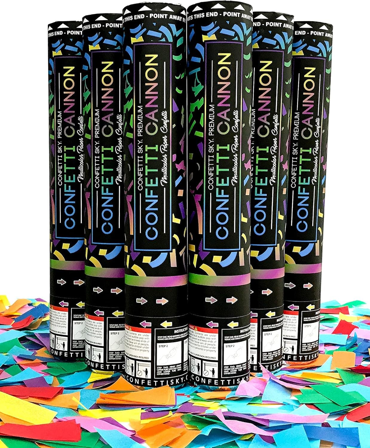 Confetti Sky [Paquete de 6] Cañones de confeti de 12 pulgadas | Poppers de confeti multicolores para celebraciones de bodas, fiestas de cumpleaños, bromas, graduaciones, Nochebuena y celebraciones de Año Nuevo