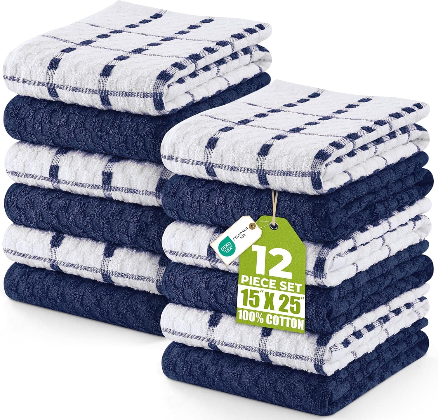Utopia Towels Paquete de 12 paños de cocina de algodón hilado en anillos de 15 x 25 pulgadas, color azul marino | Juego de toallas de té y barra, súper suaves, absorbentes, de lino, uso multiusos en la cocina