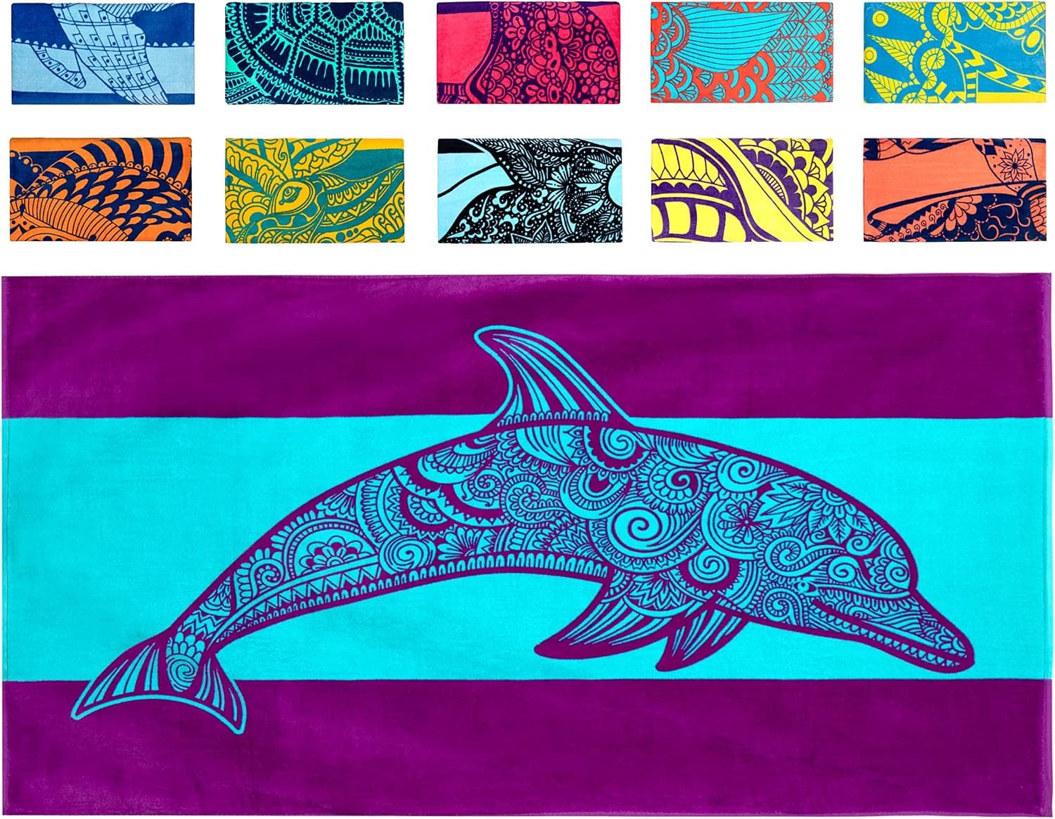 Toalla de playa Nova Blue Dolphin: colores azul tropical y morado con un diseño único, extra grande, XL, toallas de piscina (34"x 63") hechas de 100% algodón