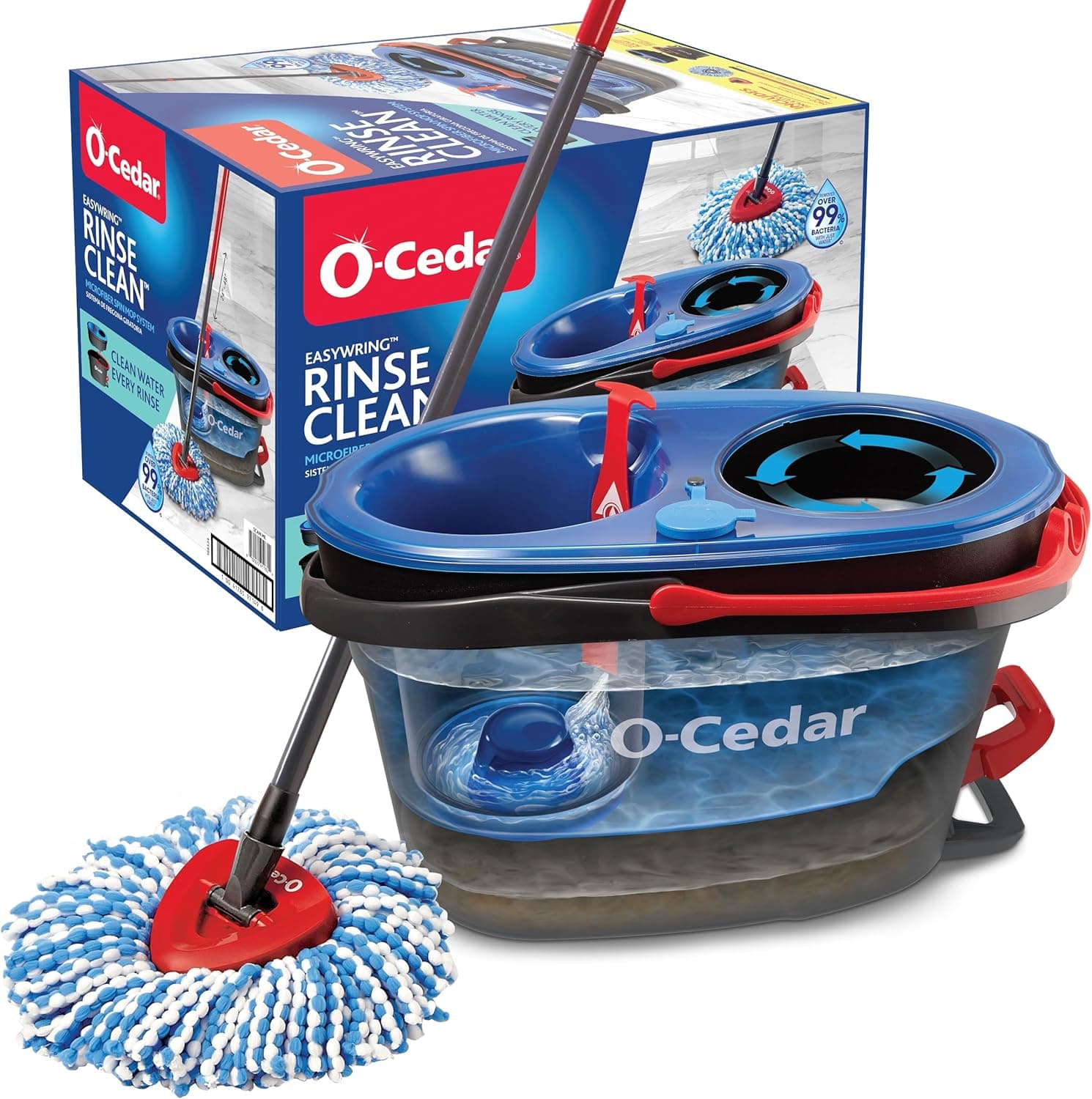 Sistema de cubeta y trapeador giratorio O-Cedar RinseClean | Limpiar con agua limpia | Elimina el 99% de las bacterias