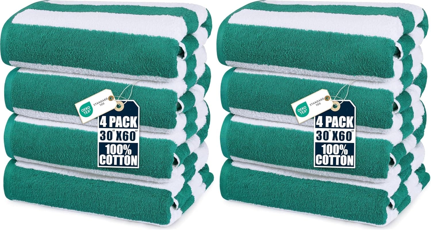 Utopia Towels Paquete de 8 toallas de playa Cabana, juego de toallas de playa de algodón de gran tamaño de 30 x 60 pulgadas, textura suave hilada en anillo para días de piscina y natación, toallas de baño de diseño moderno a rayas, color verde