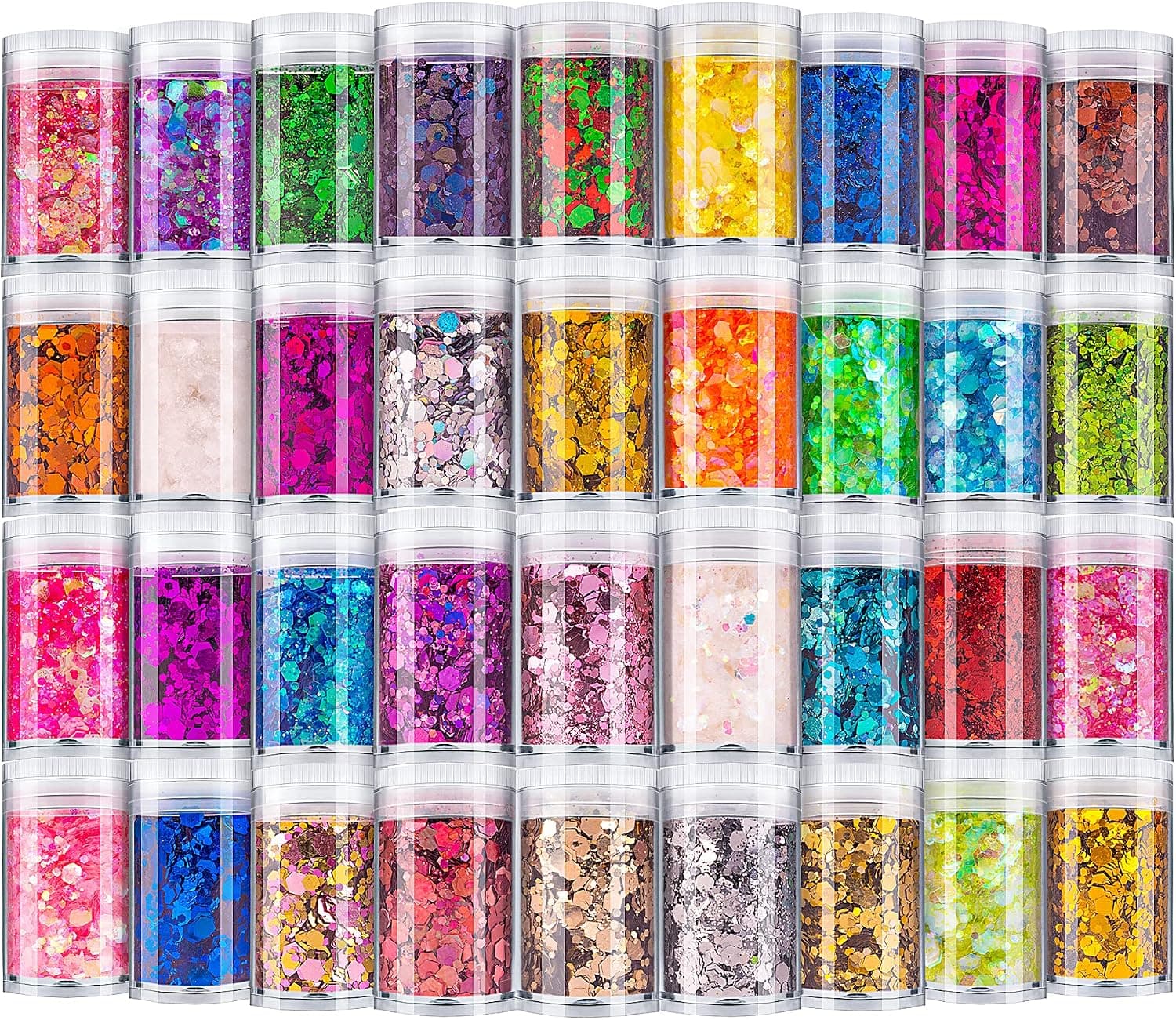 Brillo grueso holográfico, juego de 36 colores de lentejuelas brillantes para manualidades, escamas de brillo cosmético para resina epoxi, cuerpo, cara, ojos, arte de uñas, fabricación de limo, decoración de fiesta de festivales de bodas