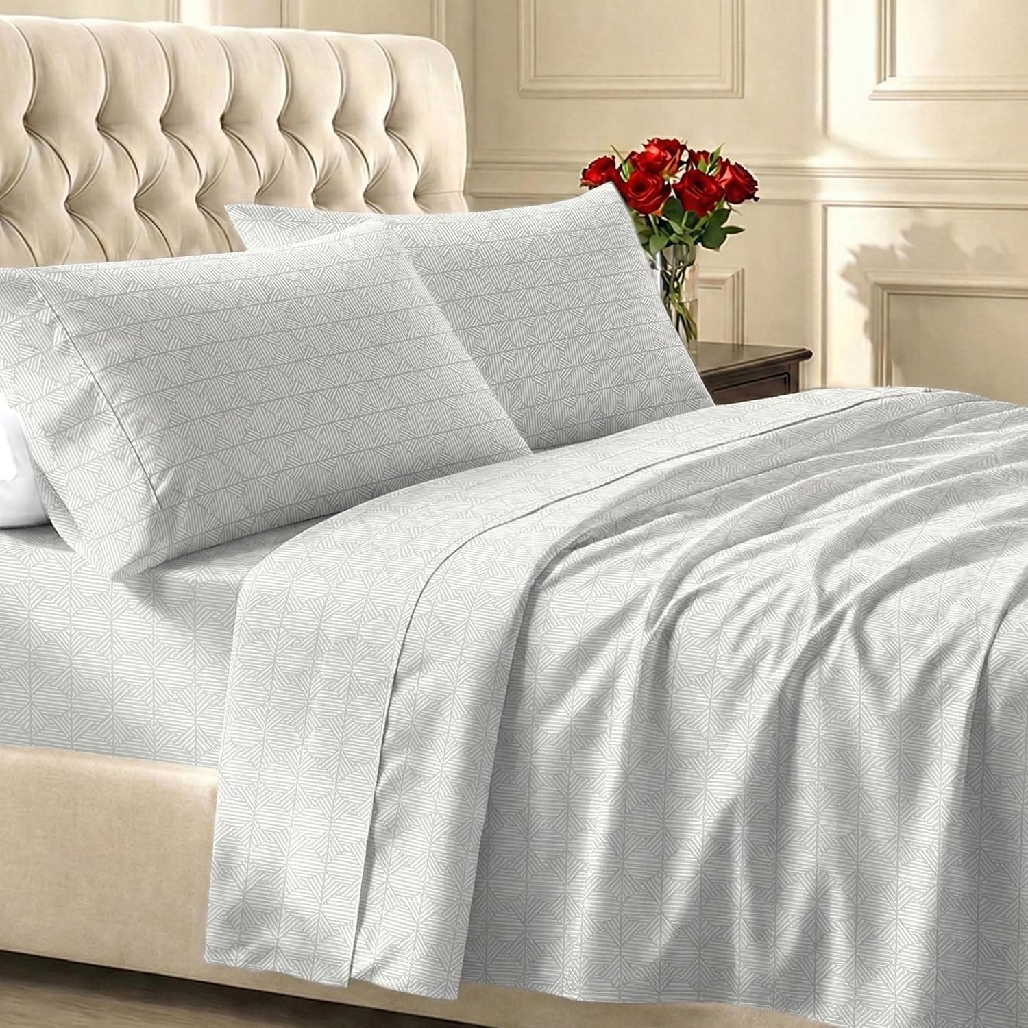 California Design Den Soft 100% algodón 400 hilos Sábanas Queen, 4 piezas | 400 hilos respaldados por el sello Good Housekeeping, bolsillo de 16 pulgadas de profundidad, elástico integral, juego de 4 piezas, estampado de salvia taupish cruzado