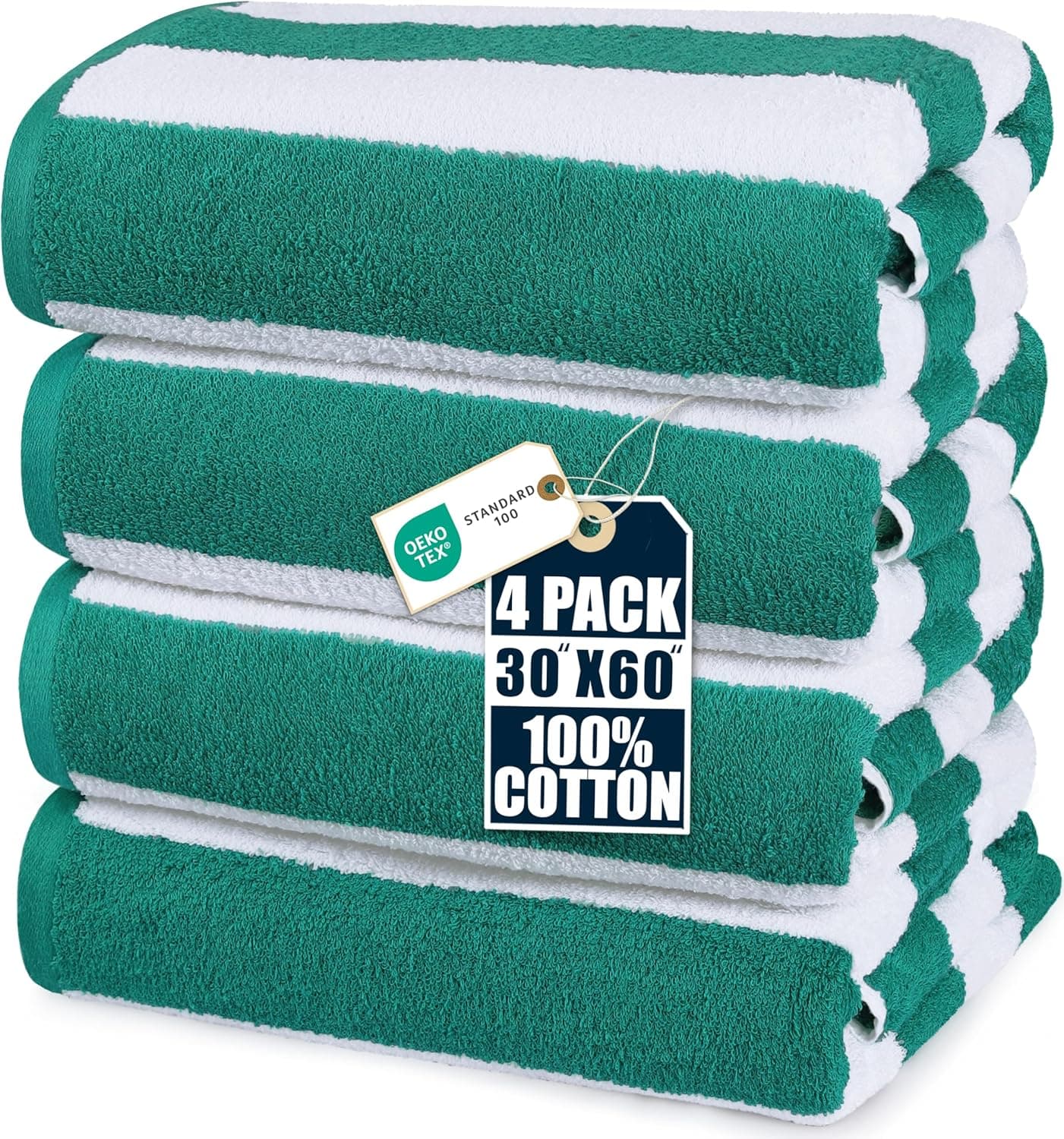 Utopia Towels Toallas de playa Cabana, paquete de 4, 30 x 60 pulgadas, algodón, rayas, verde | Toallas de playa de algodón hilado en anillos, ligeras y de gran tamaño, para días de piscina y natación, diseño de rayas moderno, suave y de secado rápido