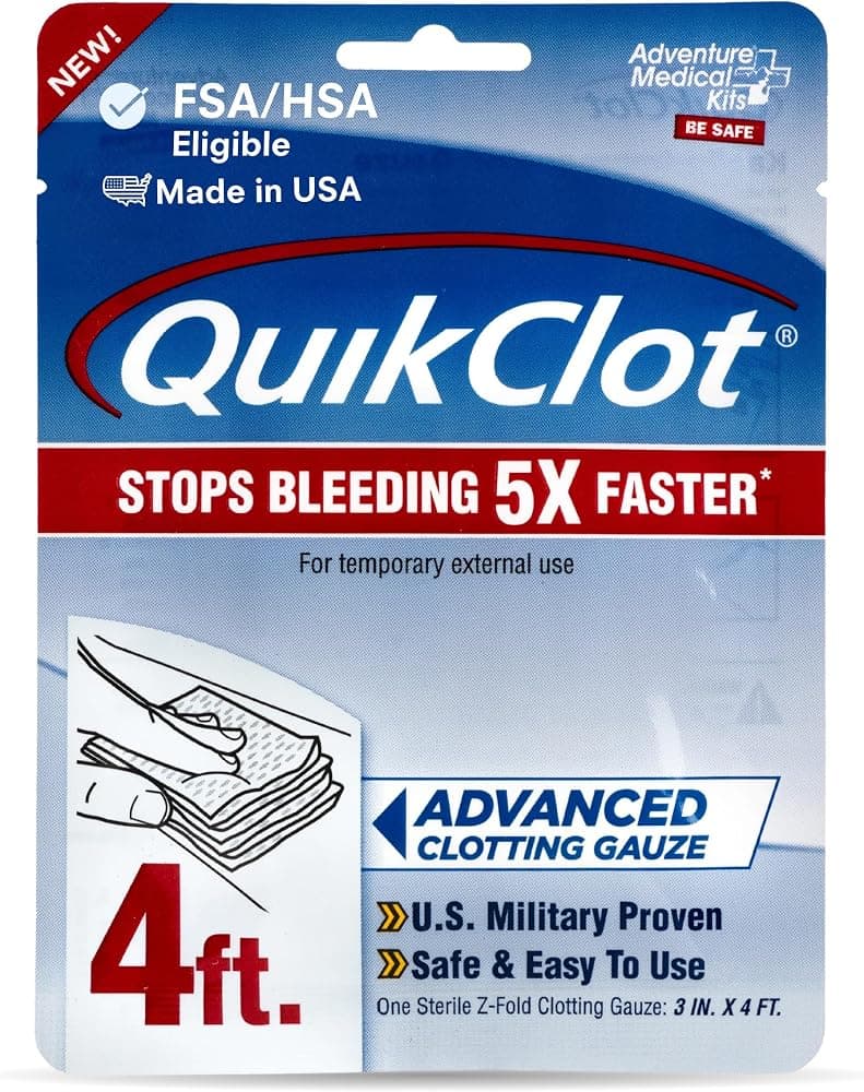 Gasa de coagulación avanzada QuikClot - Detiene el sangrado hasta 5 veces más rápido que la gasa estándar - Apósito hemostático de caolín - para kits de primeros auxilios y equipo de supervivencia - 3 x 48 | Detiene el sangrado hasta 5 veces más rápido que la gasa estándar con tecnología hemostática de caolín en la que confían los profesionales médicos