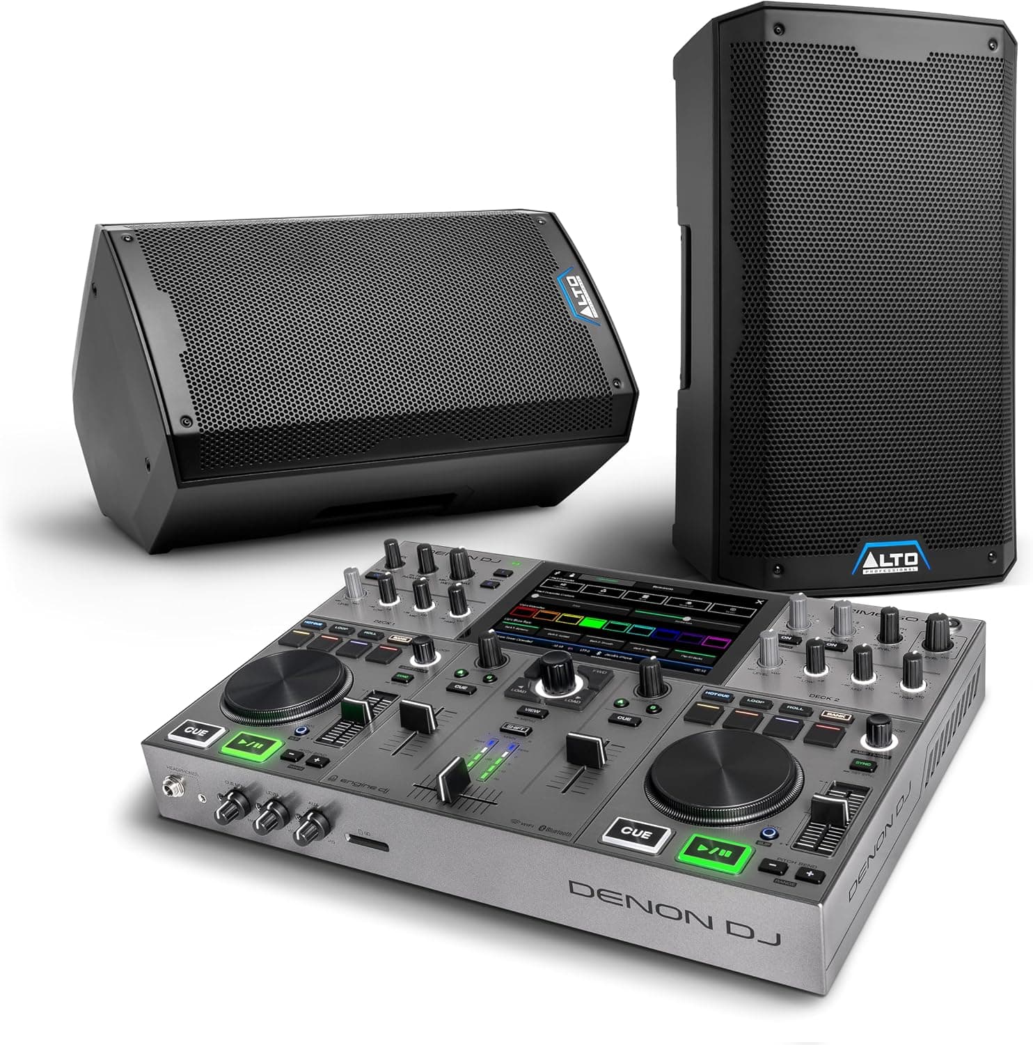 Controlador de DJ Denon DJ PRIME GO+ y par de altavoces PA autoamplificados ALTO TS410 para música en vivo, sesiones de DJ, eventos y producción musical