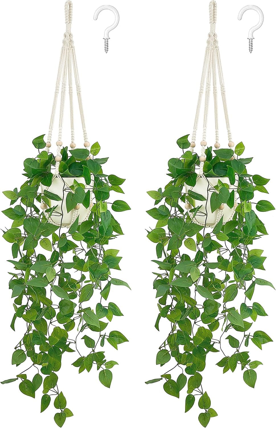 Mkono Planta colgante falsa, colgador de macramé con enredaderas y maceta Pothos, marfil 2 piezas | Plantas colgantes artificiales para decoración del hogar, aspecto realista, perfectas para dormitorio, baño, cocina, oficina, exhibición bohemia