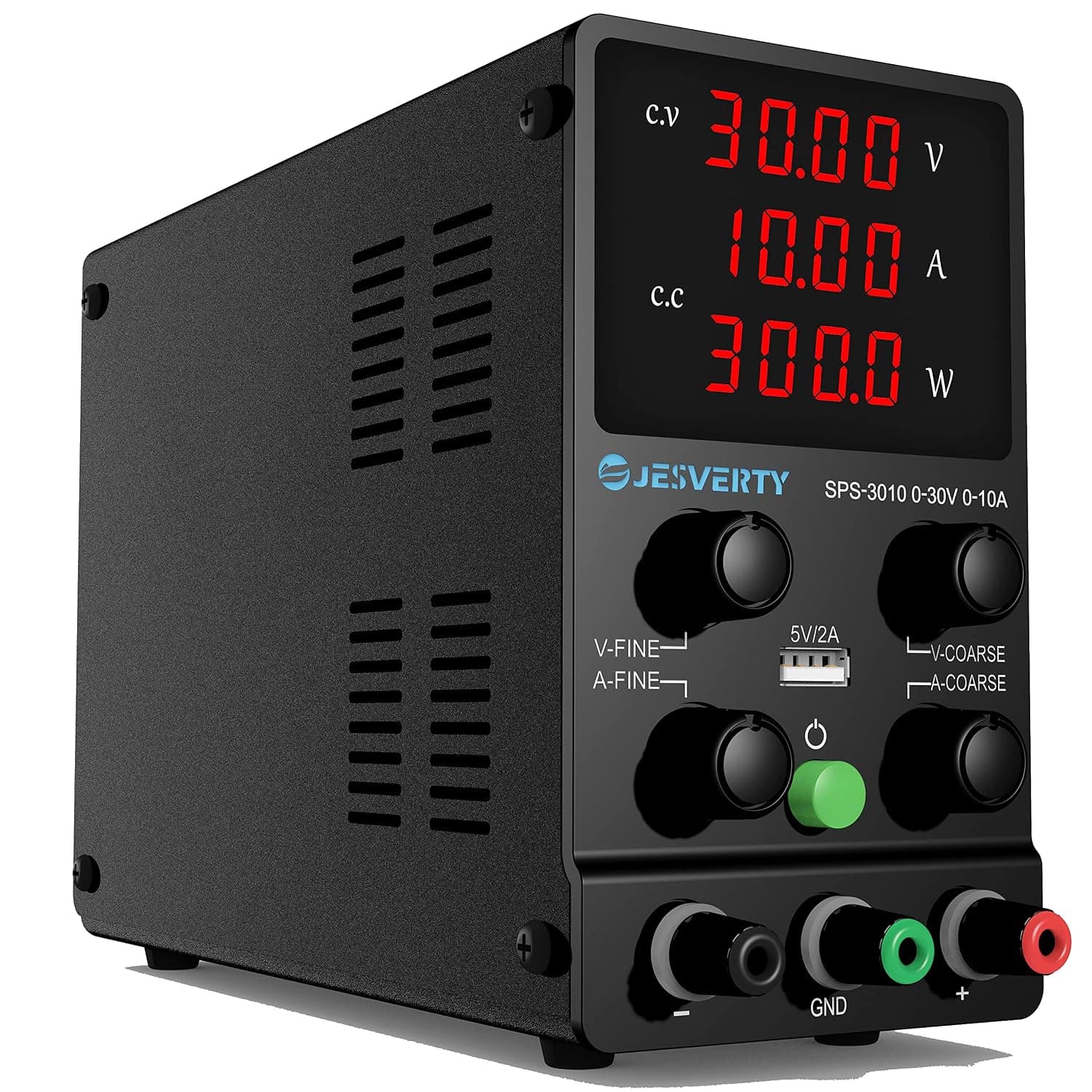 Fuente de alimentación CC variable, 0-30 V 0-10 A Conmutación ajustable Fuente de alimentación de banco regulada CC con pantalla LED de 4 dígitos de alta precisión, puerto USB 5 V/2 A, ajuste grueso y fino SPS-3010