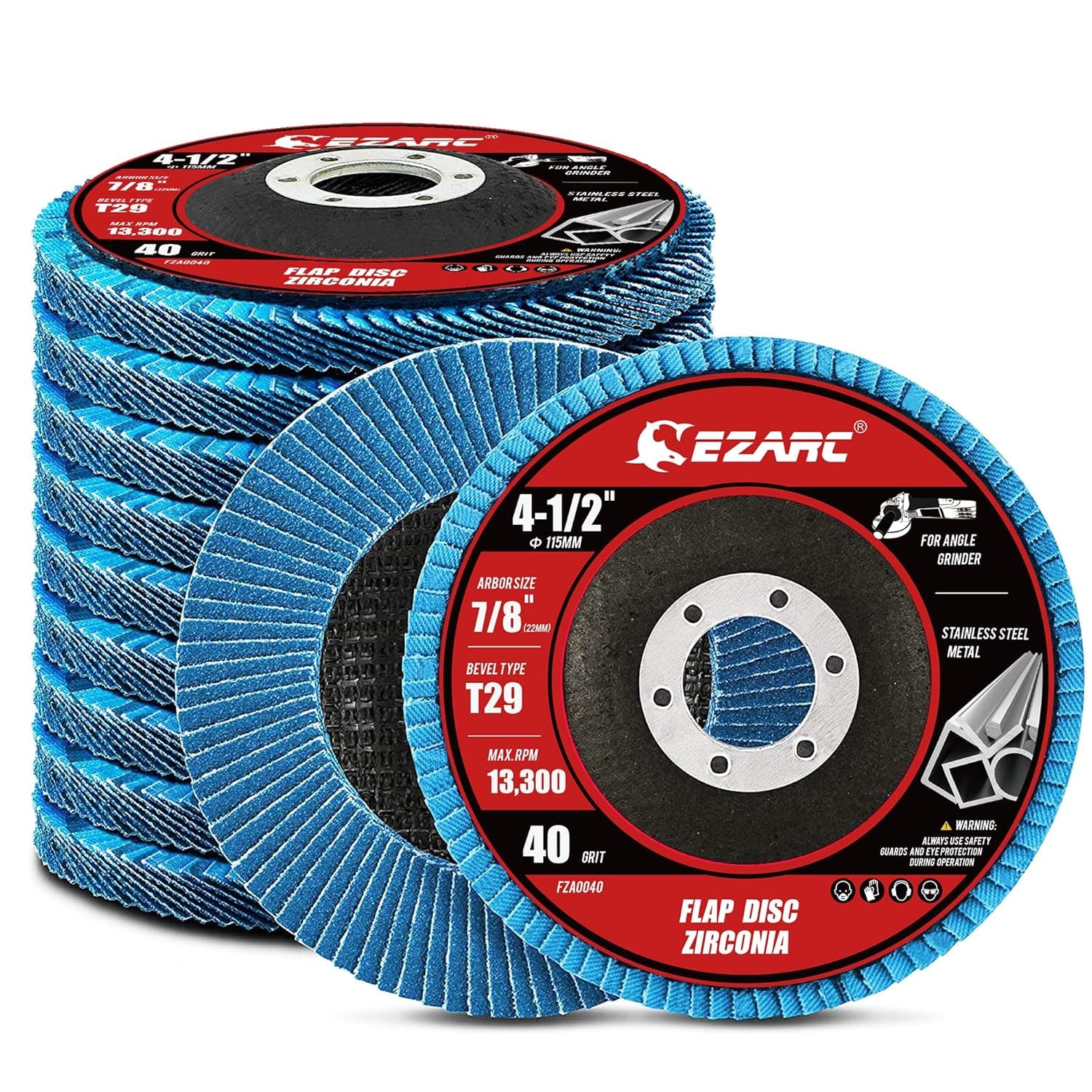 Discos de láminas de circonio EZARC, grano 40, 4-1/2 x 7/8 pulgadas, tipo 29, paquete de 10 | Abrasivo de circonio, grano 40, tipo 29, para eliminación de material, rectificado de soldadura, desbarbado, lijado y eliminación de óxido