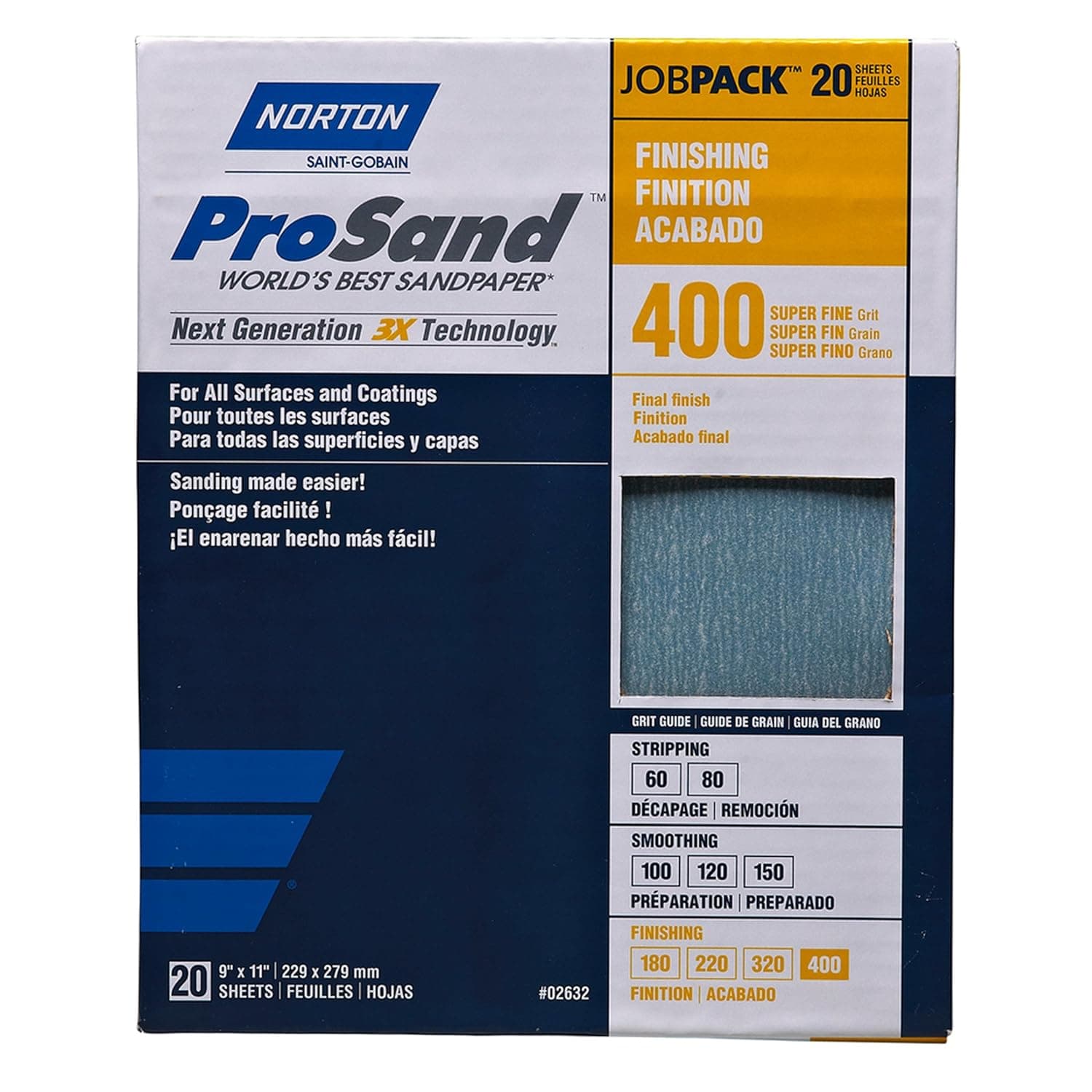 Norton Sandpaper, ProSand Premium 400 Grit Sandpaper, Fine Sandpaper for Metal and Wood, Finishing Sand Paper, pack of 20 Sanding Sheets