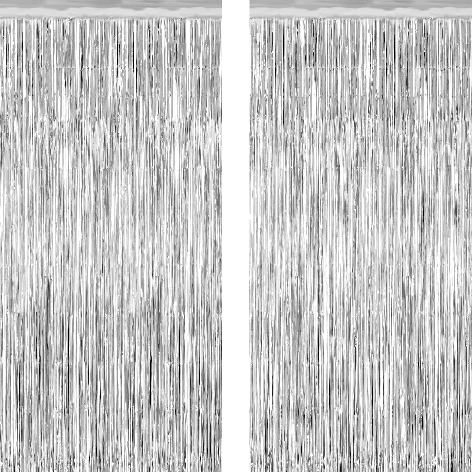 2 Pack Tinsel Backdrop, 3.28 FT x 7.05 FT Birthday Party Decorations, Silver Party Streamer Fringe Curtains Foil Backdrop, Metallic Silver Photo Props Party Supplies Party Decor