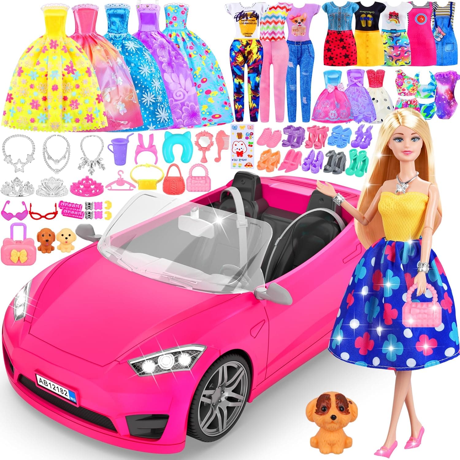MINIFUN 91 Unidades Muñeca Coche Convertible Conjunto, Ropa de Muñeca y Accesorios