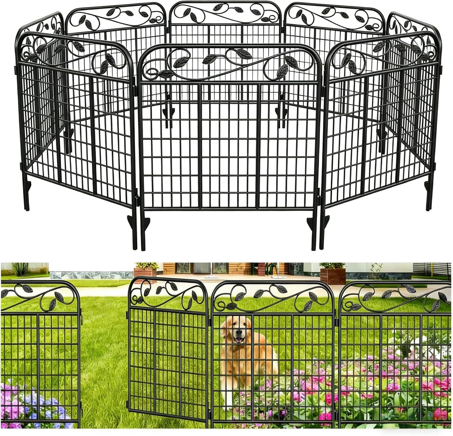 AMAGABELI 4 paneles de 44 pulgadas de alto x 12 pies de largo, puerta decorativa para valla de jardín, valla para perros al aire libre para patio, valla de jardín alta a prueba de herrumbre, barrera para animales, borde de panel de alambre de metal con hojas para macizo de flores, color negro