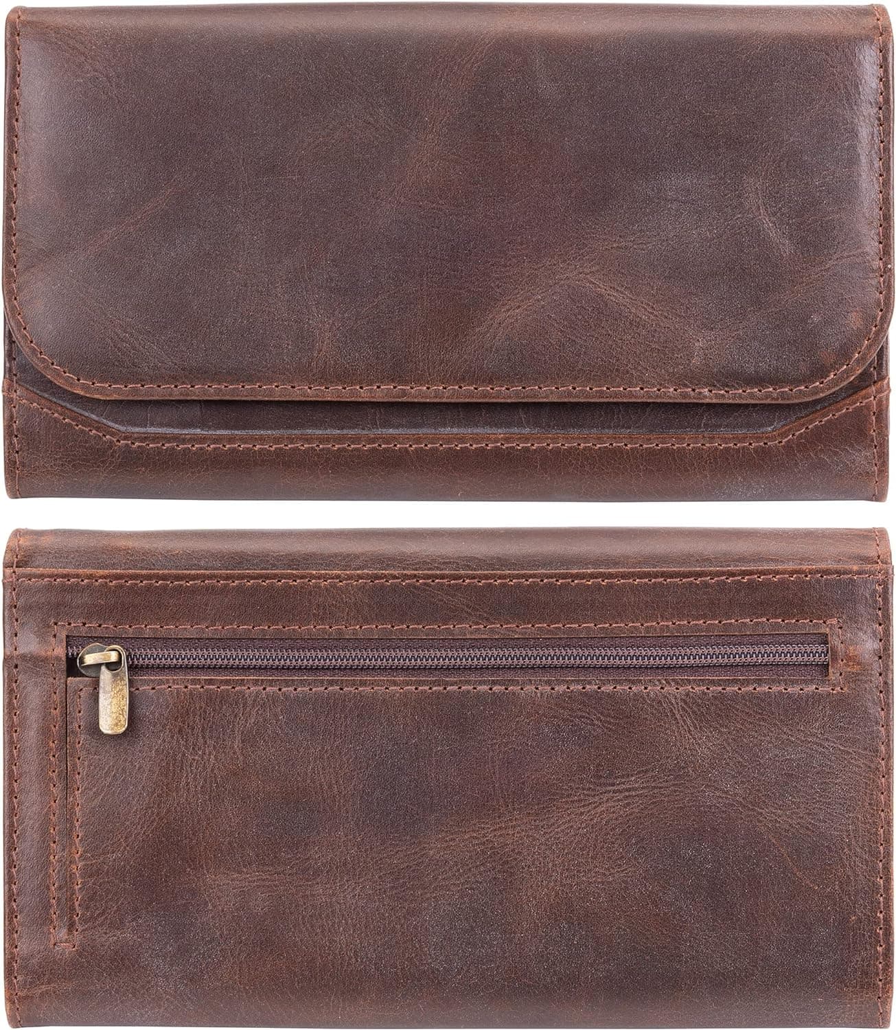 moonster Cartera de cuero para mujer – Cartera RFID de piel de búfalo de plena flor, 9 ranuras para tarjetas, 2 cremalleras, 3 bolsillos abiertos – Carteras de cuero para mujer, cartera para tarjetas para mujer, cartera con cremallera alrededor, caja de regalo