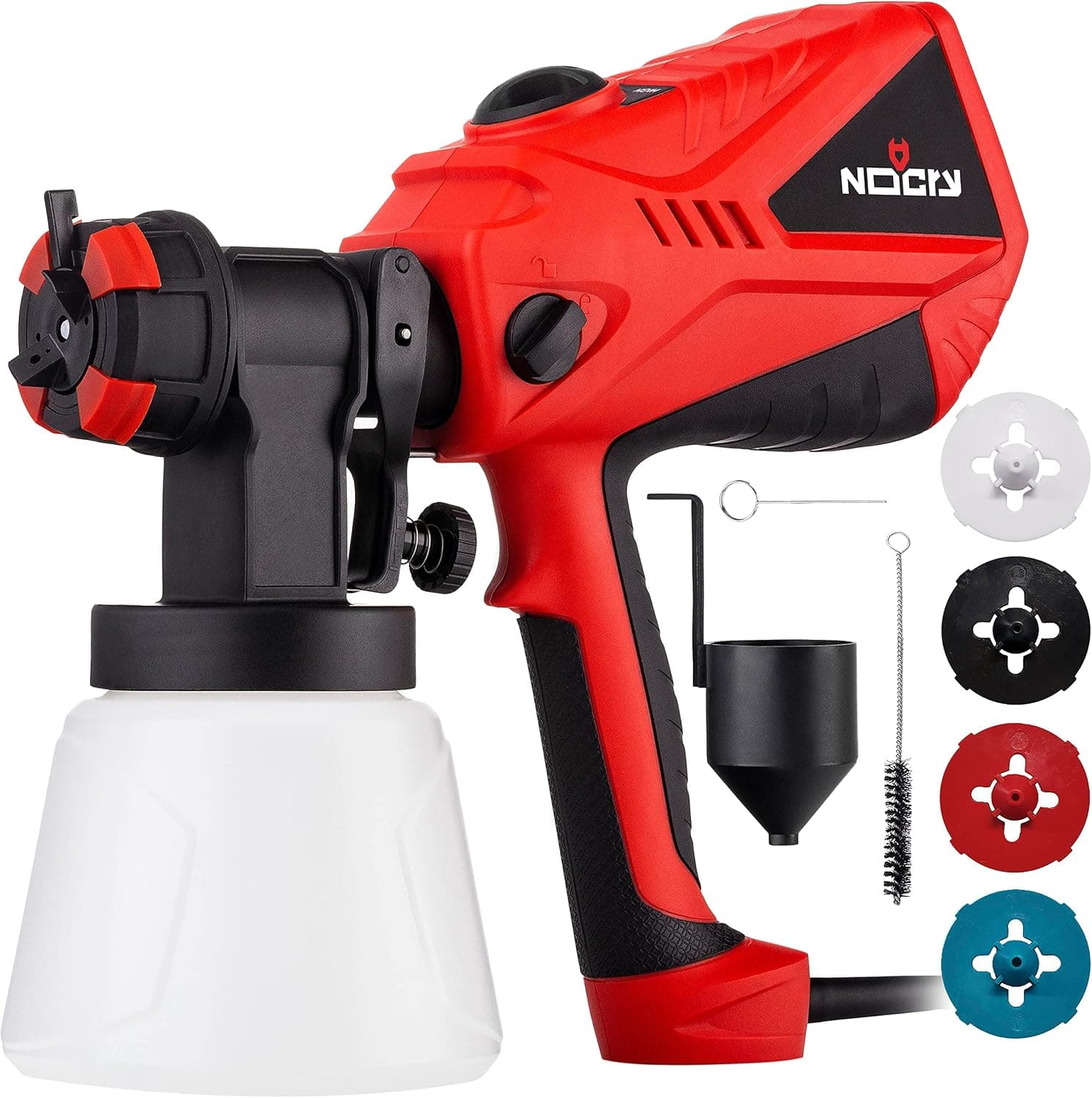 Pistola pulverizadora de pintura eléctrica NoCry HVLP — Pistola de pintura de 1200 ml/min y motor de 600 W | Pulverizador para manchas, flujo de aire ajustable, diseño de fácil limpieza, portátil, para uso interior y exterior, 3 patrones de pulverización y 4 boquillas