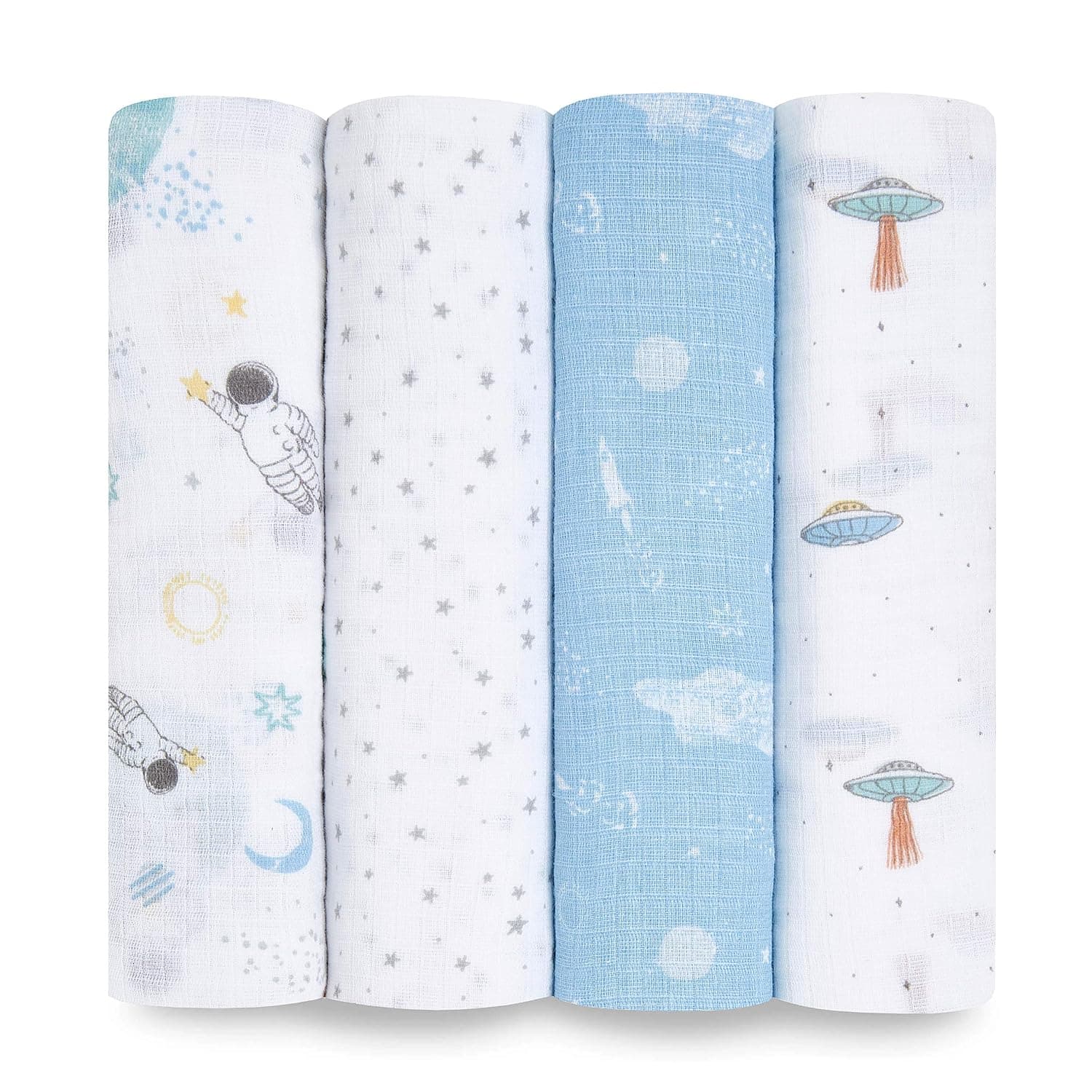 Manta envolvente Essentials de aden + anais, mantas boutique de muselina para niñas y niños, mantas para recibir bebés, juego ideal para pañales para recién nacidos y bebés, regalo perfecto para la ducha, paquete de 4, exploradores espaciales