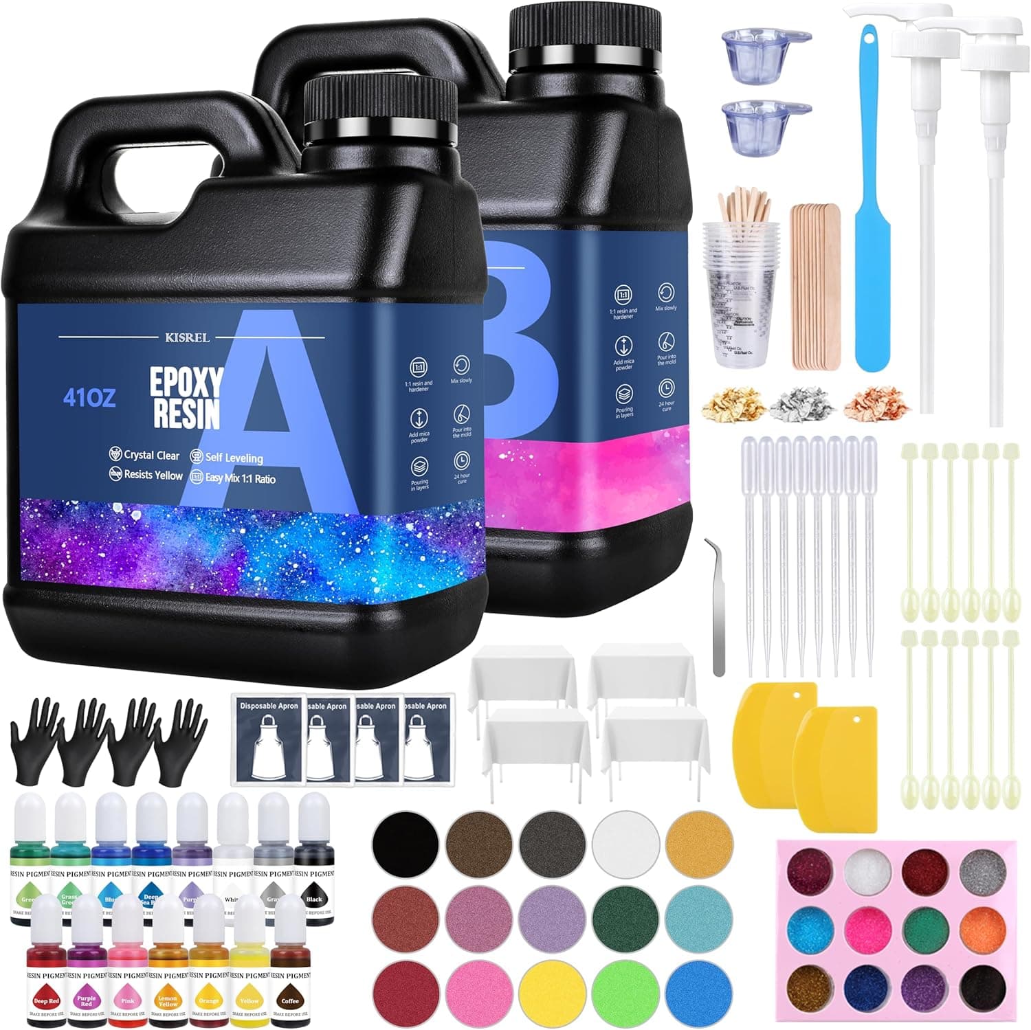 Resina epoxi KISREL de 82 oz, kit de resina epoxi transparente con 15 pigmentos y 15 colores de polvos de mica, resina sin amarilleo, sin burbujas, para manualidades, fabricación de joyas, moldes de madera y resina (41 oz x 2)