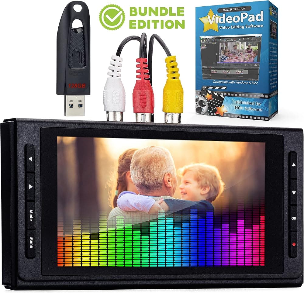 Convertidor de vídeo a digital 3.0 (tercera generación): grabe vídeo y audio desde VCR, VHS, AV, RCA, Hi8, videocámara, DVD, tocadiscos, cintas de casete (paquete) [Requiere VCR/videocámara que funcione]