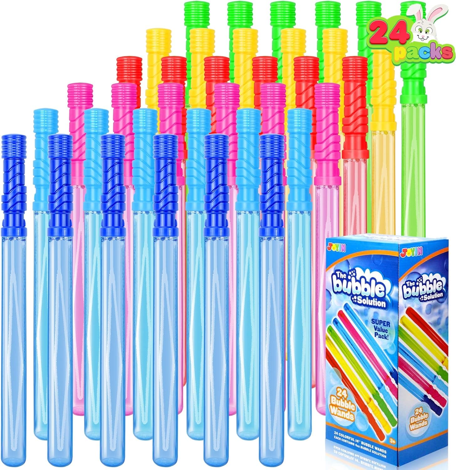 JOYIN Paquete de 24 varitas de burbujas grandes de 14.6 pulgadas a granel (2 docenas) para juguetes de verano, uso en actividades al aire libre/interior, Pascua, suministros de regalos de fiesta de burbujas para niños