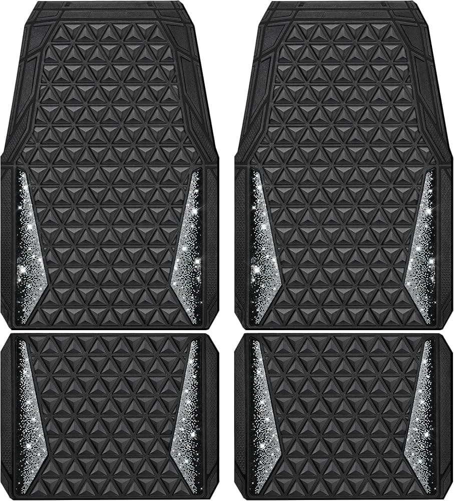 CAR PASS Alfombrillas de goma con diamantes brillantes para coche, juego completo, antideslizantes, rombos 3D, impermeables, ajuste para adaptarse al revestimiento, universal, cristal brillante, diamantes de imitación brillantes, niñas, mujeres, SUV, sedán, furgoneta, negro y plateado