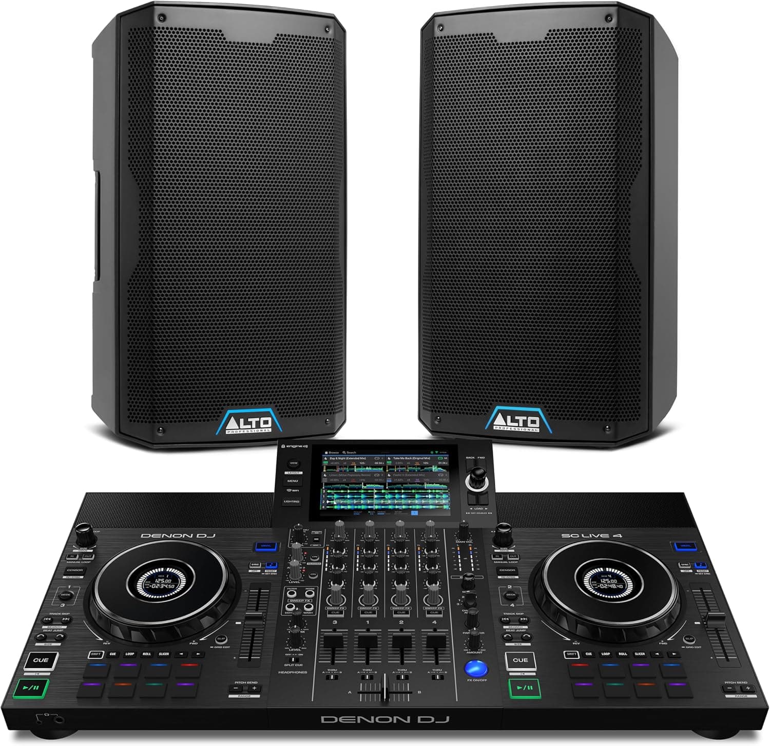 Controlador de DJ Denon DJ SC Live 4 y par de altavoces PA autoamplificados ALTO TS412 para música en vivo, sesiones de DJ, eventos y producción musical