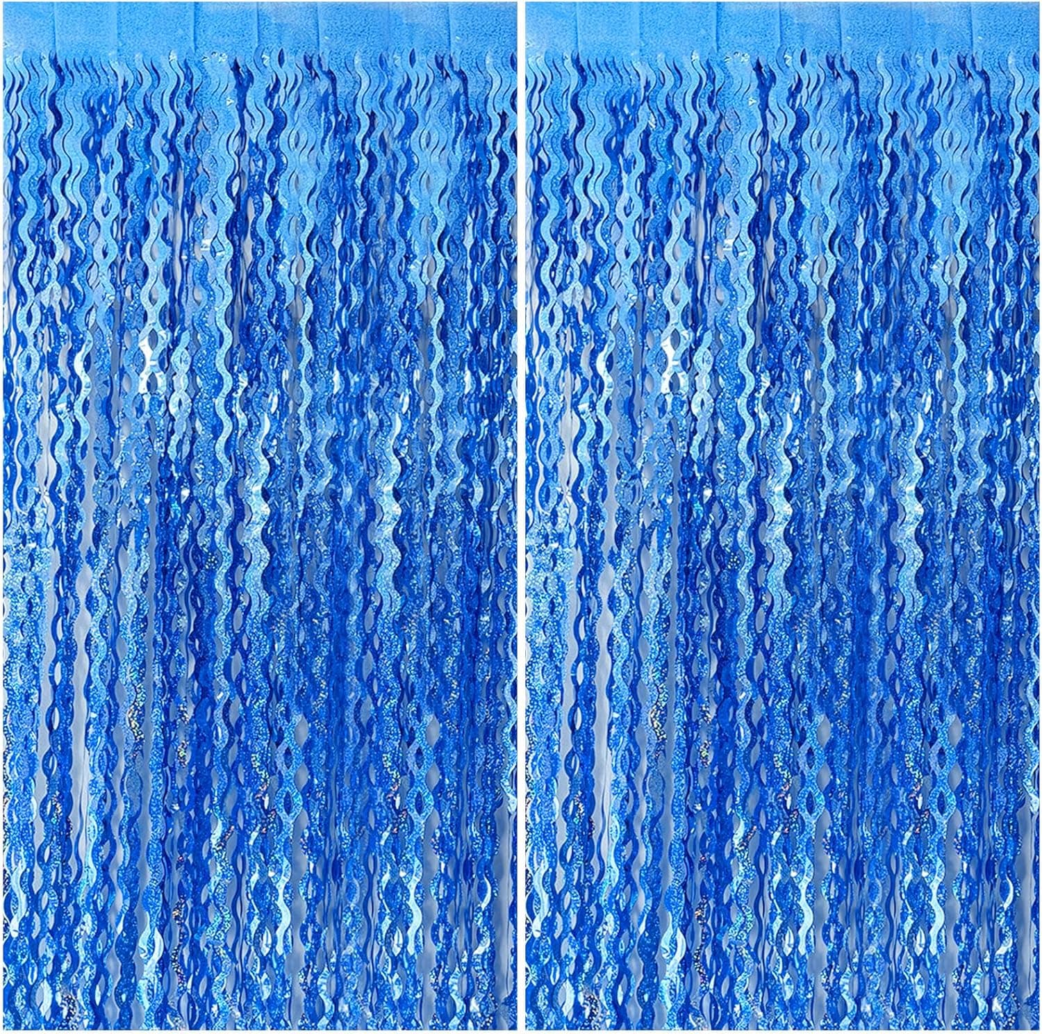 Telón de fondo azul, cortinas onduladas con flecos de papel de aluminio para fiestas, decoraciones de cumpleaños azules onduladas metálicas brillantes para serpentinas, decoraciones para fiestas, accesorios para fotomatón, suministros de decoración para fiestas en el océano y cumpleaños