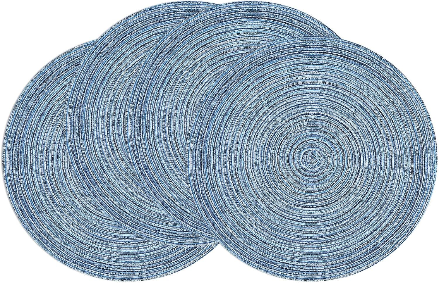 SHACOS Juego de 4 manteles individuales trenzados redondos para mesa de comedor, manteles individuales circulares de 15 pulgadas, manteles individuales fáciles de limpiar para interiores y exteriores, azul gris
