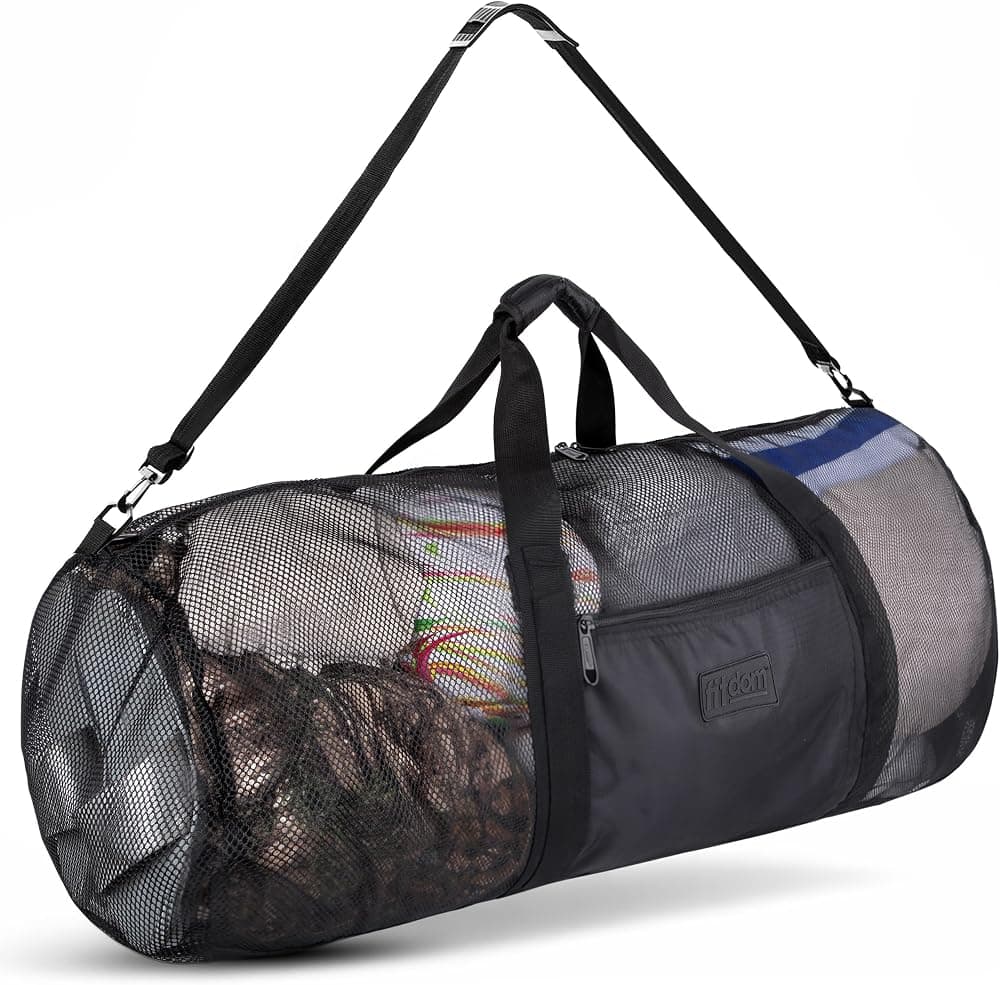 Bolsa de lona grande de malla de 129 L y 35 pulgadas para buceo, esnórquel y deportes acuáticos | Malla de secado rápido con paneles reforzados y bolsillo resistente al agua para buceo, natación, esnórquel, playa, piscina y equipo de viaje