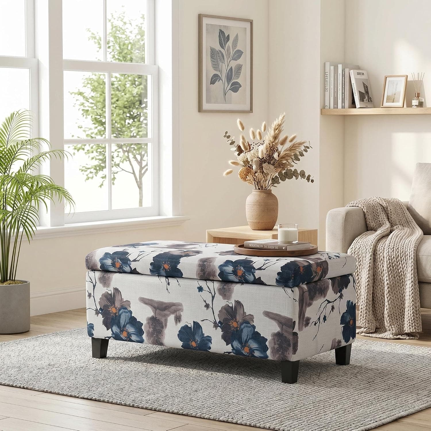 Christopher Knight Home Nesbit - Otomana para sala de estar con almacenamiento, banco otomano tapizado de tela para entrada, taburete rectangular para sofá, banco para el extremo de la cama, flor azul y blanco