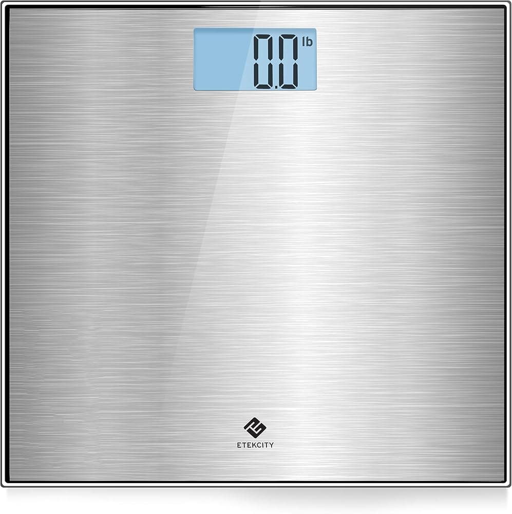 Báscula de baño digital de peso corporal de acero inoxidable Etekcity, 400 libras | Tecnología Step-On, pantalla LCD grande con retroiluminación azul, gris de 12 x 12 pulgadas, 1 paquete de báscula de baño precisa