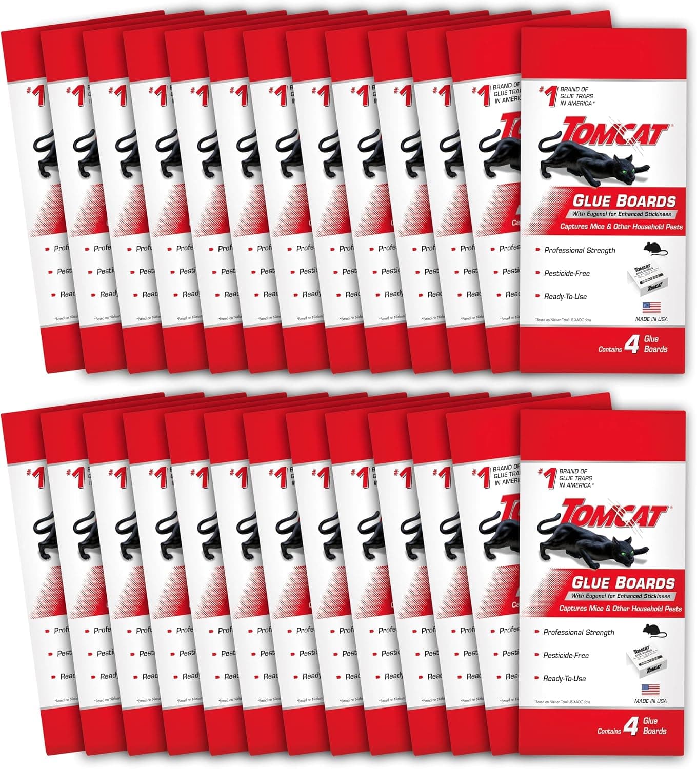 Tableros de pegamento Tomcat con eugenol para mayor pegajosidad, 104 tableros | Trampas adhesivas para ratones, cucarachas e insectos, uso plano o cubierto, listo para usar, 26 paquetes cada uno con 4 tableros de pegamento