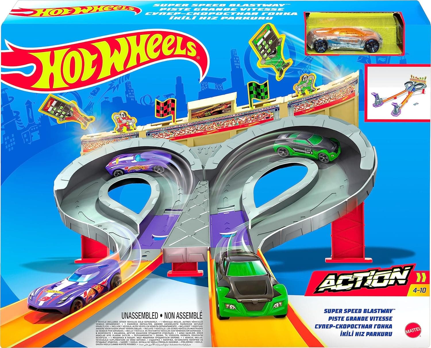Hot Wheels Track Set Super Speed ​​Blastway Playset, carreras de doble pista para 1 o 2 jugadores, incluye coche de juguete a escala 1:64