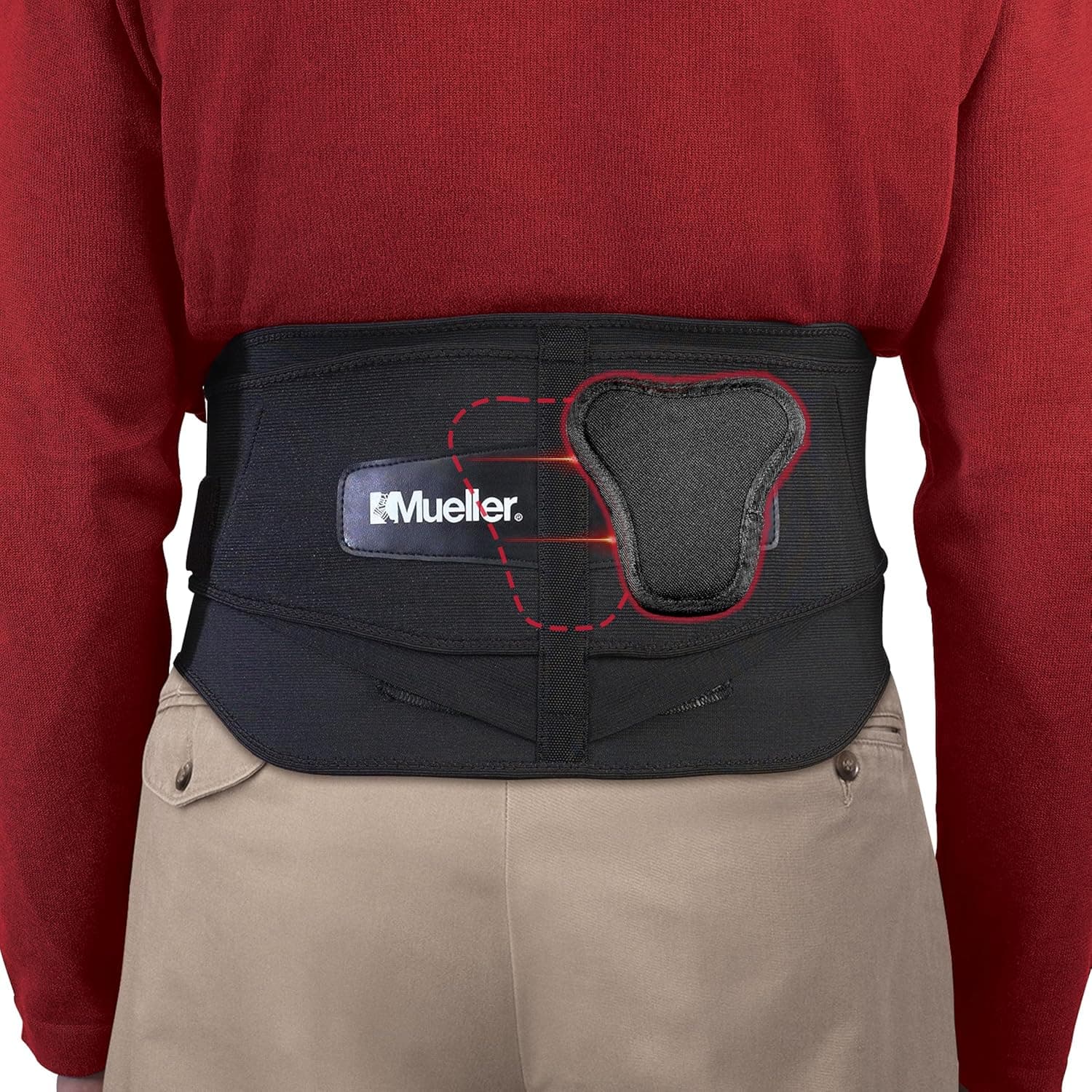 MUELLER - Soporte lumbar para medicina deportiva con almohadilla extraíble, ideal para dolor de espalda superior e inferior, alivio y apoyo para hombres y mujeres, distensiones, ciática, escoliosis