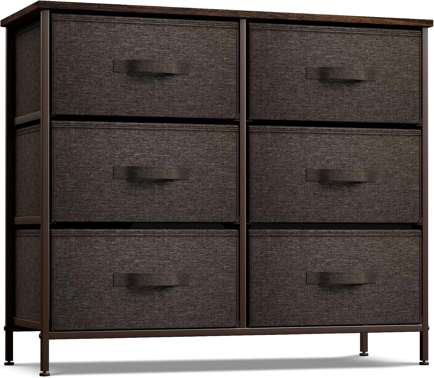 Cómoda Sorbus para dormitorio, tapa de madera (6 cajones, marrón) | Cómoda organizadora de armarios con contenedores de tela de fácil extracción y estructura de acero para pasillos, oficinas y arreglos de muebles.