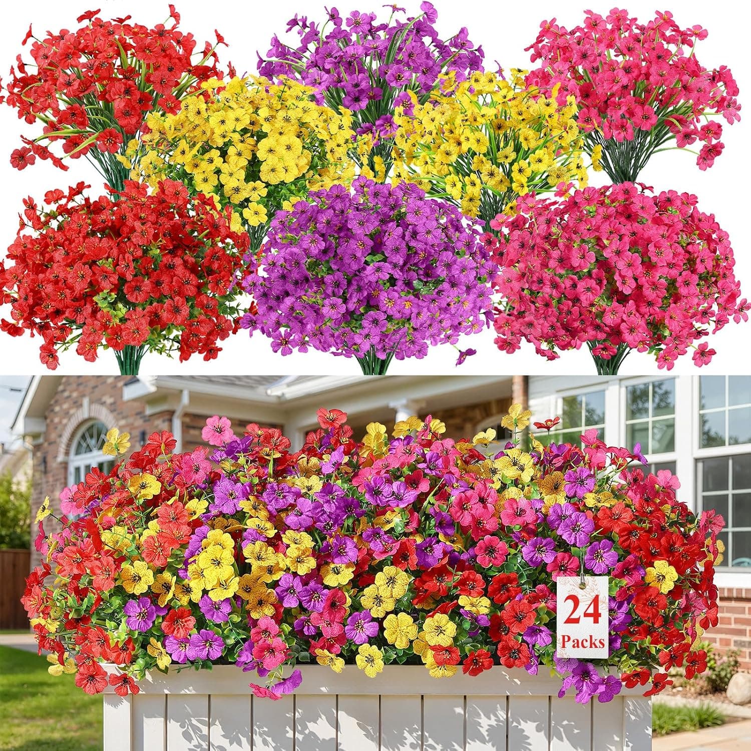 Alupssuc 24 paquetes de flores artificiales de margarita resistentes a los rayos UV para decoración al aire libre | Seda y plástico, plantas de imitación de primavera, tallos flexibles, para porche, Patio, ventana colgante, macetero exterior, 4 colores