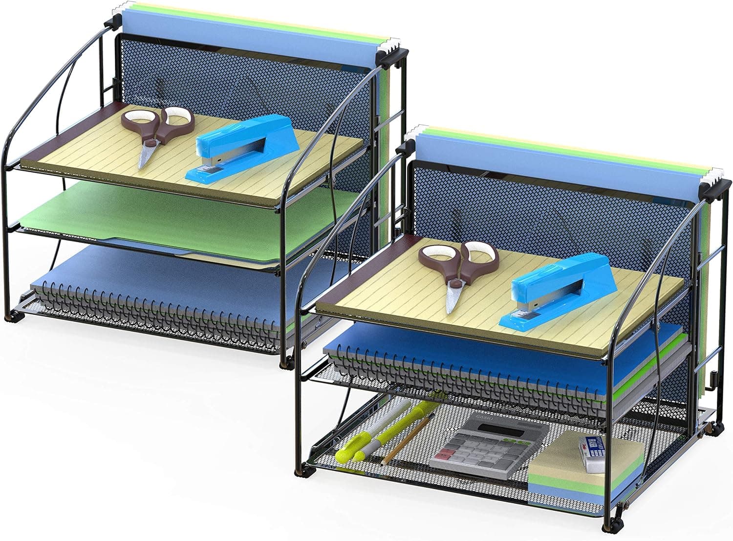 Simple Houseware Organizador de escritorio de 3 niveles con cajón deslizante, negro, paquete de 2