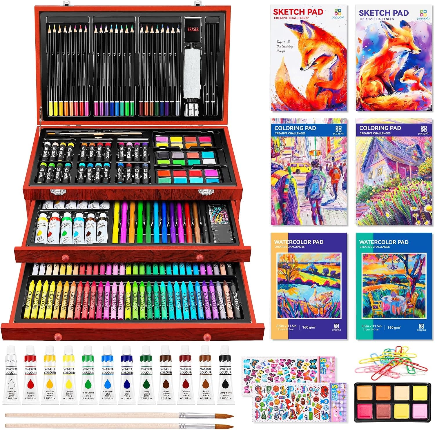 Suministros de arte, juego de arte de lujo de 269 piezas, kit de suministros de pintura para dibujo y manualidades | con 6 blocs de dibujo, pinturas de acuarela, crayones, pasteles al óleo, pasteles de acuarela, juego de lápices de colores en estuche de madera