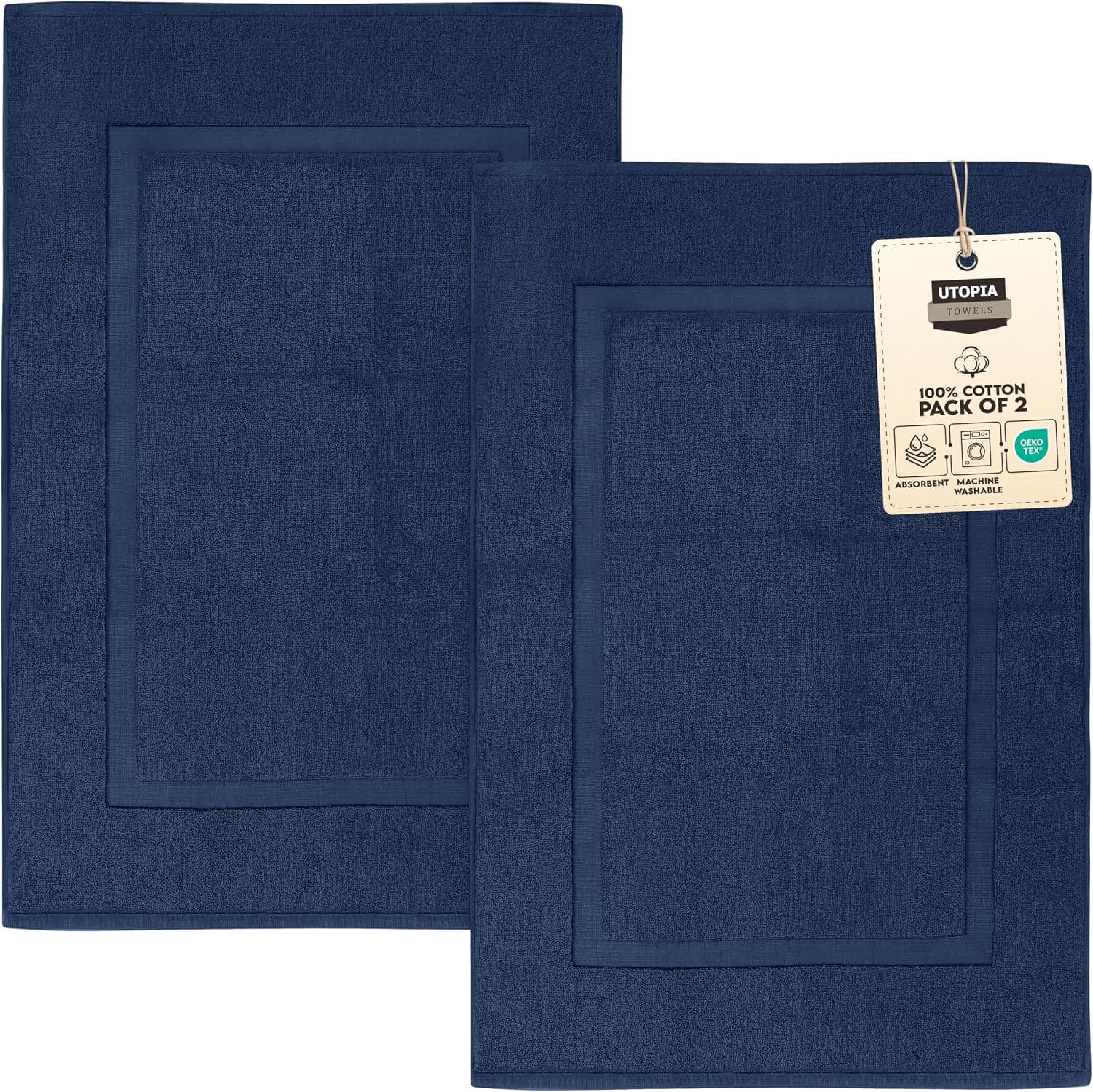 Utopia Towels Alfombra de algodón con bandas, alfombrillas de baño, no es una alfombra de baño, 21 por 34 pulgadas, 100% algodón hilado en anillo, alfombrilla de baño de ducha altamente absorbente, azul marino, paquete de 2