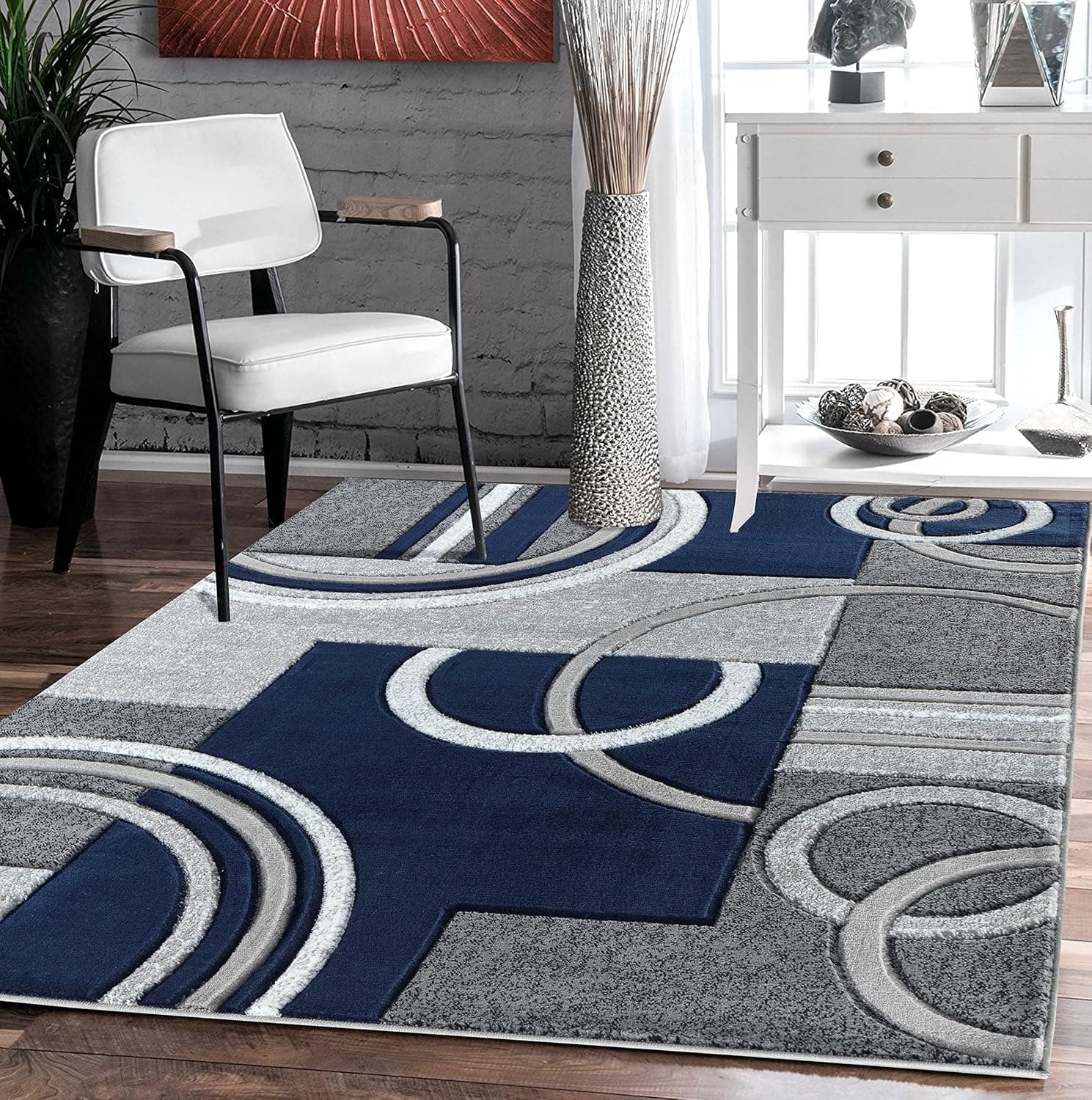 GLORY RUGS Alfombra moderna y suave tallada a mano, contemporánea, con textura esponjosa de primera calidad, para interior, salón, comedor y dormitorio (4 x 6, azul marino)